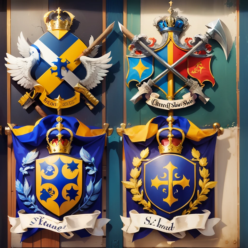 logo of the coat of arms type, with blue shield and a yellow cross with a holding arm of a flag with axe --auto --s2