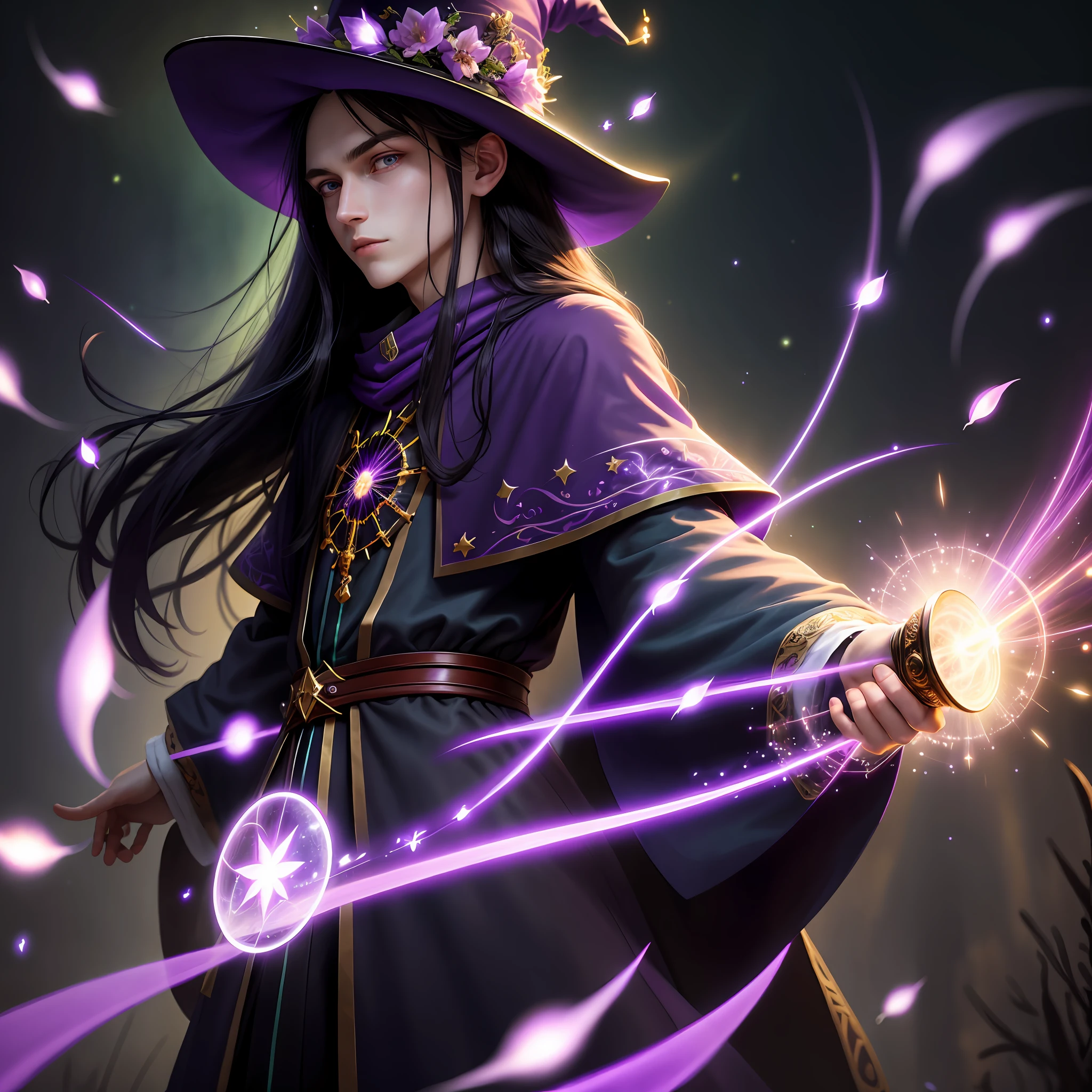 best quality,hd,wallpaper,man,20 years,pale skin,long black hair,purple wizard hat,purple wizard dress,holding lilac magic wand,green eyes,(a background of magic and mystery, fireflies, bright particles, ethereal mist and a touch of darkness)