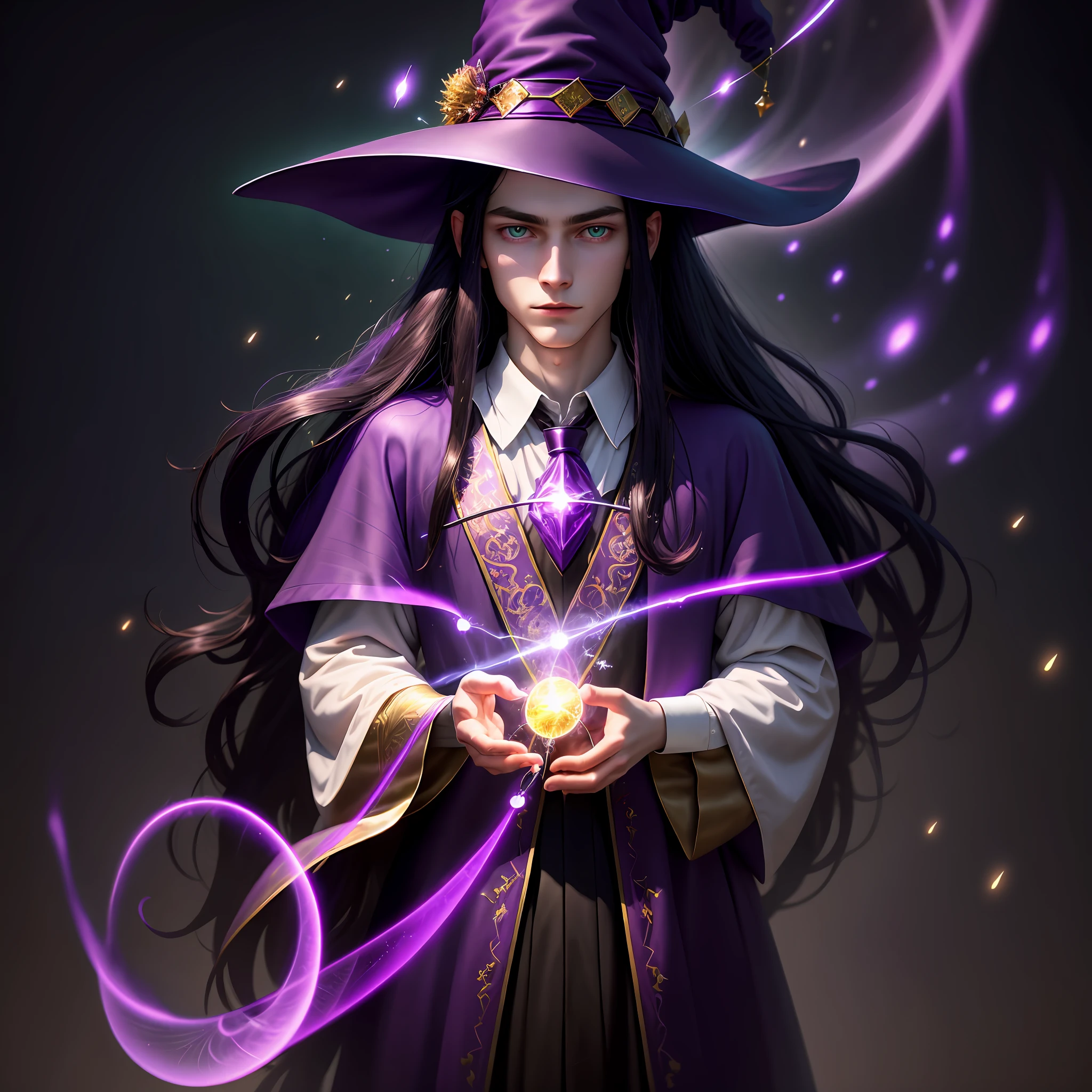 best quality,hd,wallpaper,man,20 years,pale skin,long black hair,purple wizard hat,purple wizard dress,holding lilac magic wand,green eyes,(a background of magic and mystery, fireflies, bright particles, ethereal mist and a touch of darkness)