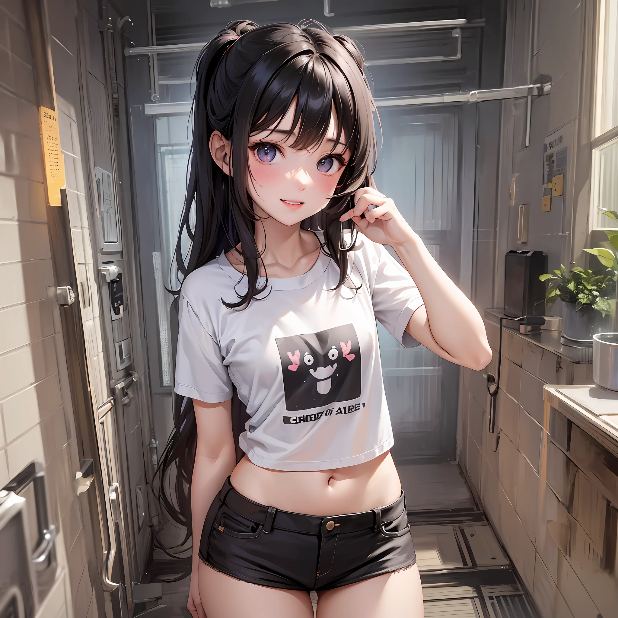 American girl of 18, video gamer, wearing translucent short T-shirt, black hair, ((blush: 0.8)), natural skin texture, 4K textures, highly detailed, insane details, faint colors , ((long wavy hair)), ((smile on face: 0.4)), (no panties: 0.2), ((looking directly at the camera)), ((tilted head: 0.8 )), ((small breasts:1)). --auto --s2