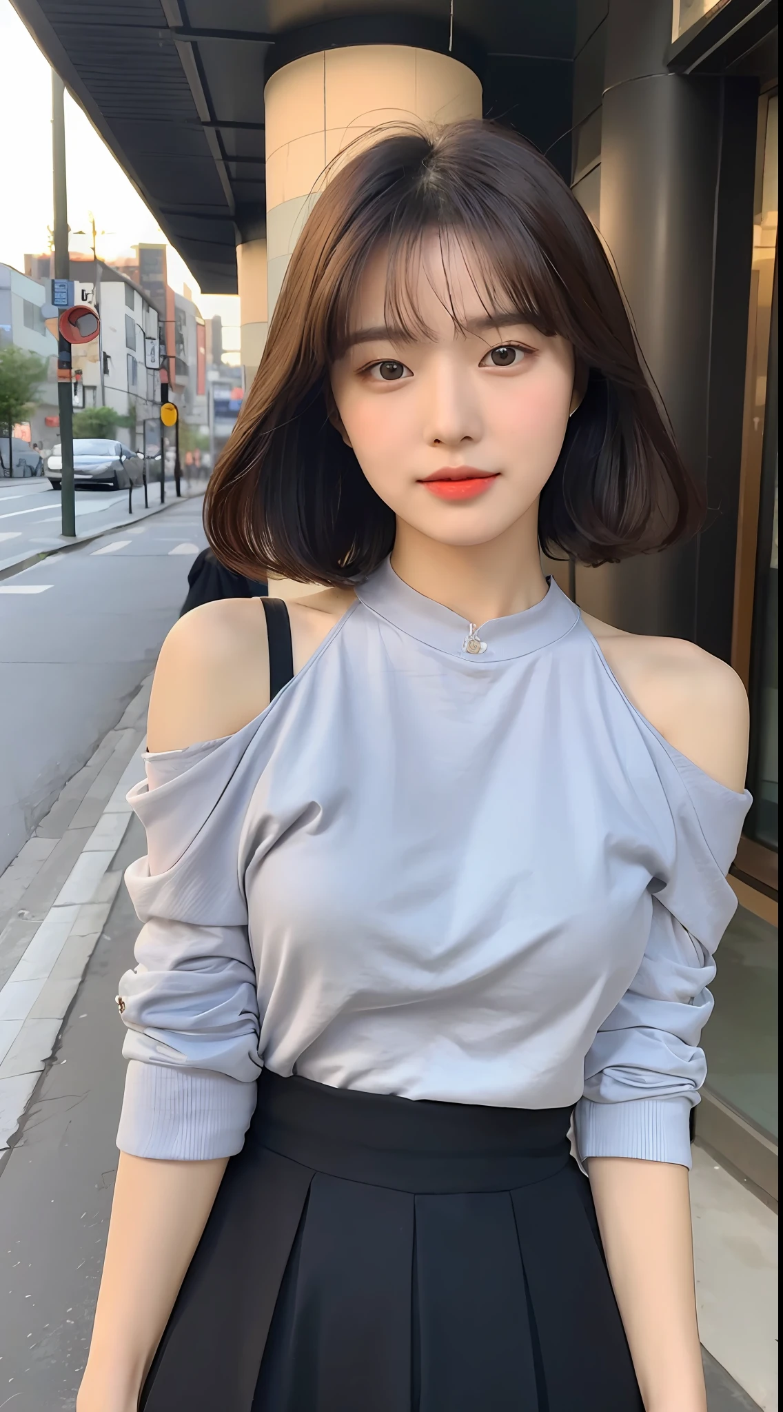 (1 cute Korean star), ((best quality, 8k, masterpiece: 1.3)), focus: 1.2, perfect body beauty: 1.4 , (air bangs: 1.2)), , (night, street: 1.3), highly detailed face and skin texture, fine eyes, double eyelids, whitened skin, (black straight : 1.3), (round face: 1.5), (shoulder skirt: 1.6)