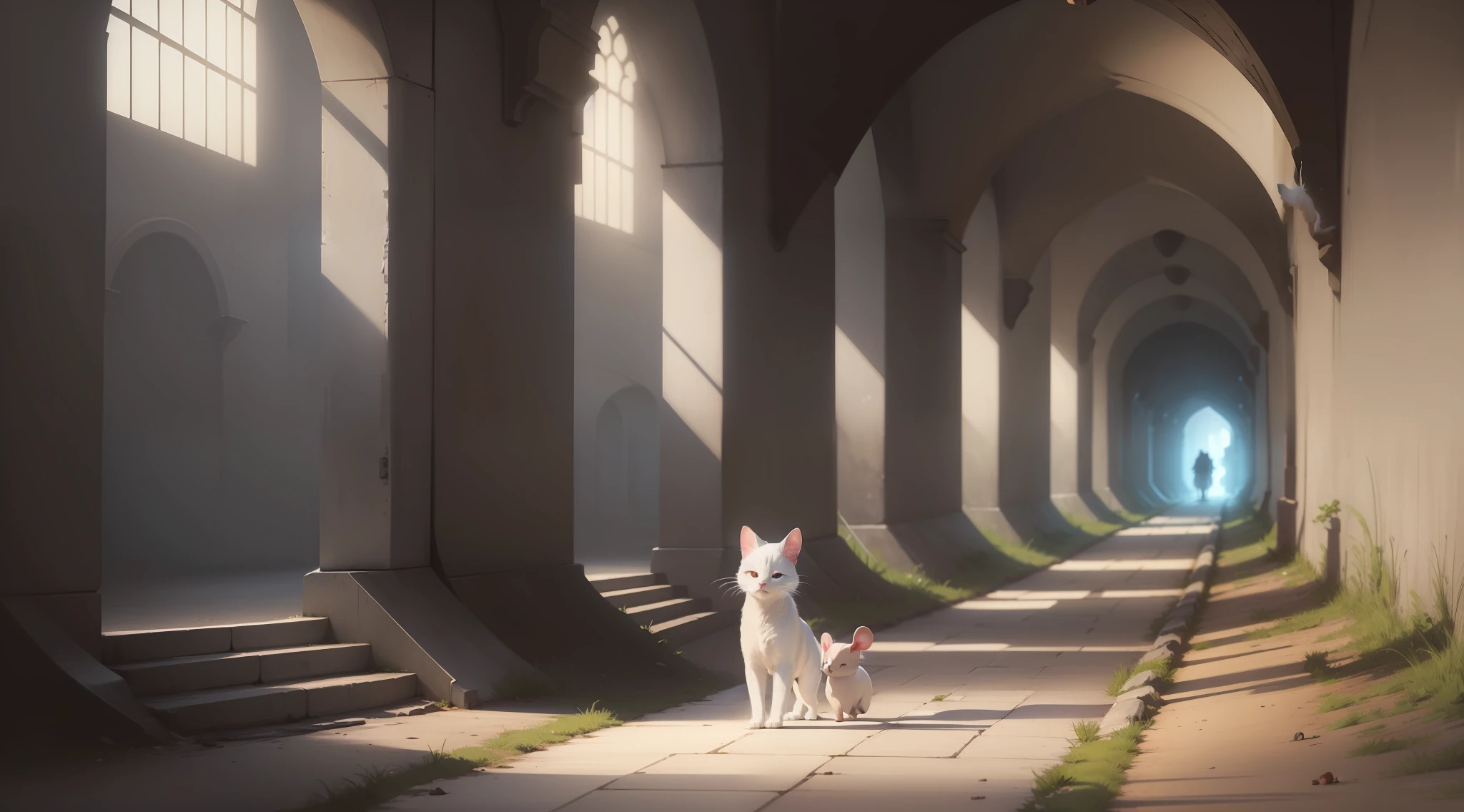 "Draw a cat, cute, white-haired, walking next to a mouse, cute, white-haired, in a dark tunnel, atmospheric perspective, seen from the side, 8k, super detailed, accurate, better quality."
