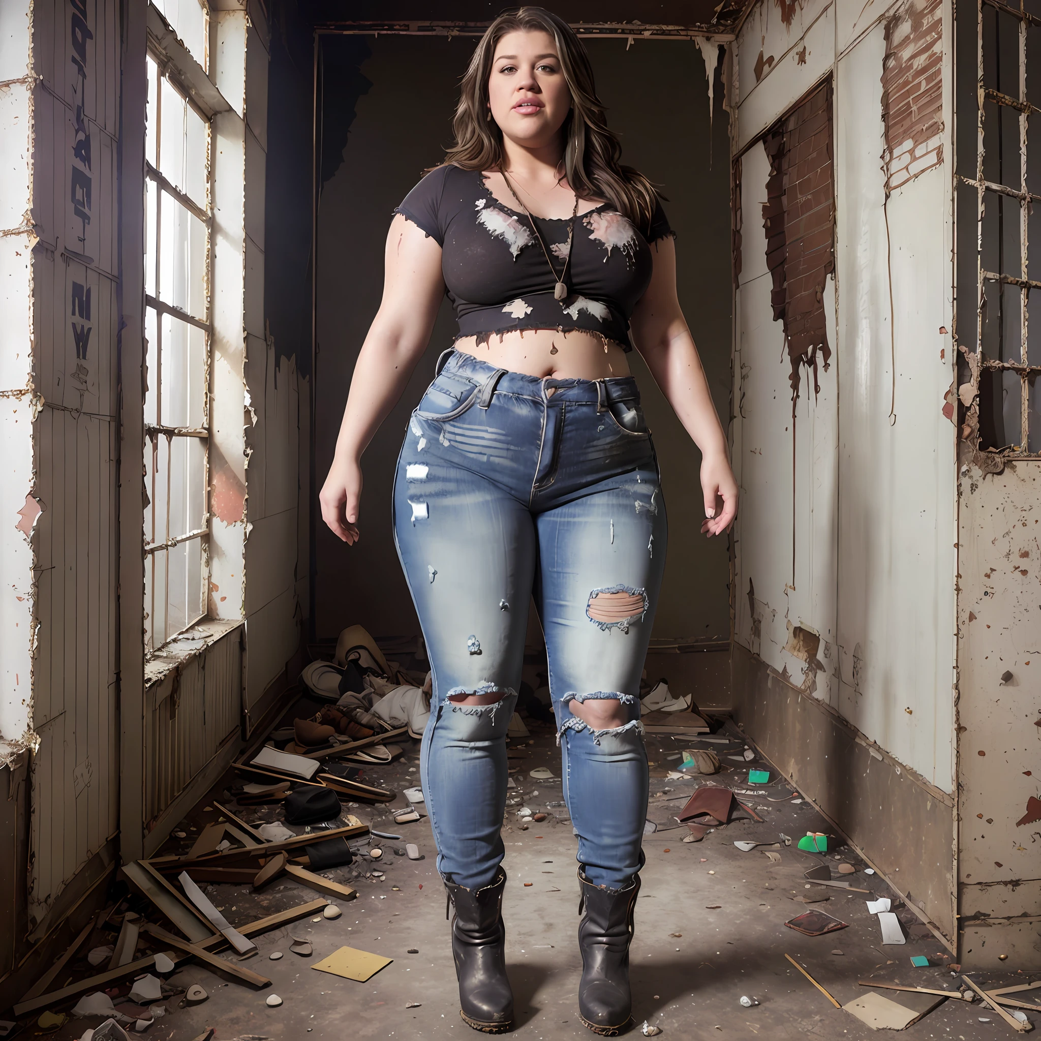 ((Overweight)) ((chubby)), Kelly Clarkson, small breasts, wearing baggy ripped jeans, frayed blouse, ankle boots, trashed clothes, dirty and stained clothes, standing in an abandoned building (((full body shot))) (((full length))) (((view side on))) (masterpiece) ((cinematic look))