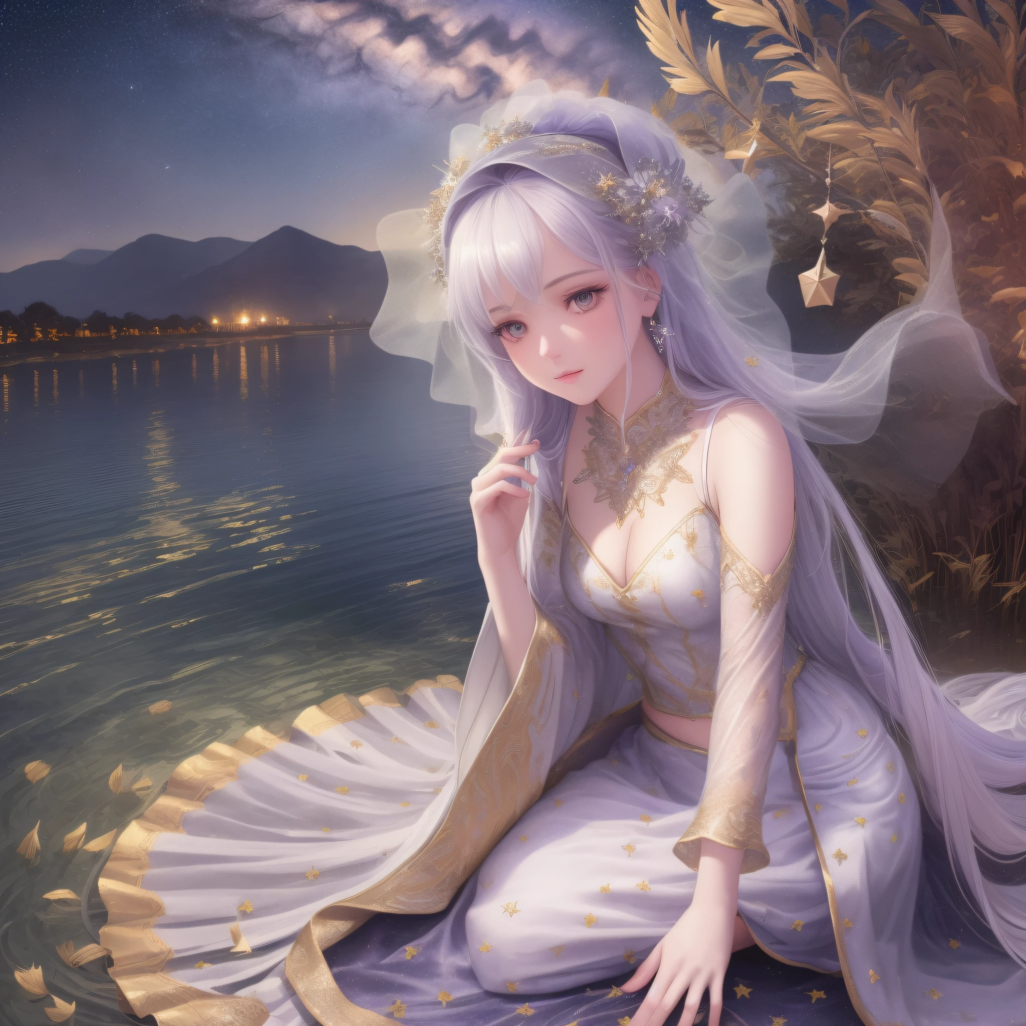 Beautiful background, octane rendering, HR Giger style, 8k, best quality, masterpiece, illustration, very refined and beautiful, very detailed, CG, unified, wallpaper, (realism, fidelity: 1.37), amazing, fine details, masterpiece, best quality, official art, very detailed CG unified 8k wallpaper, ((ultra-realistic details)), girl, long silver hair flowing in the wind, hair wrapped in silver ornaments, light purple tulle, right hand to ear, left hand with skirt, Half-kneeling sideways by the river, ripples in the water, sparkling, ((white reeds swinging with the wind)), starry dots in the sky, ((Milky Way in the distance))
