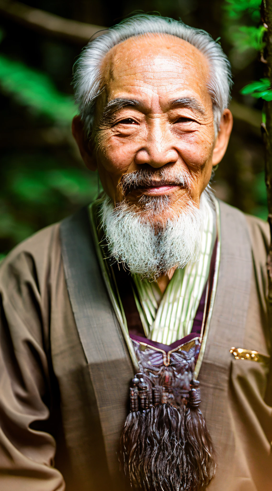 Bust. Oriental Asian face, in a tranquil forest, there is an older wise man. He is Oriental, with bright and wise eyes, a bronzed face, he has a particularly long white beard, and his face has been through many vicissitudes. He always wears a simple dark robe, revealing the wisdom precipitated by the years