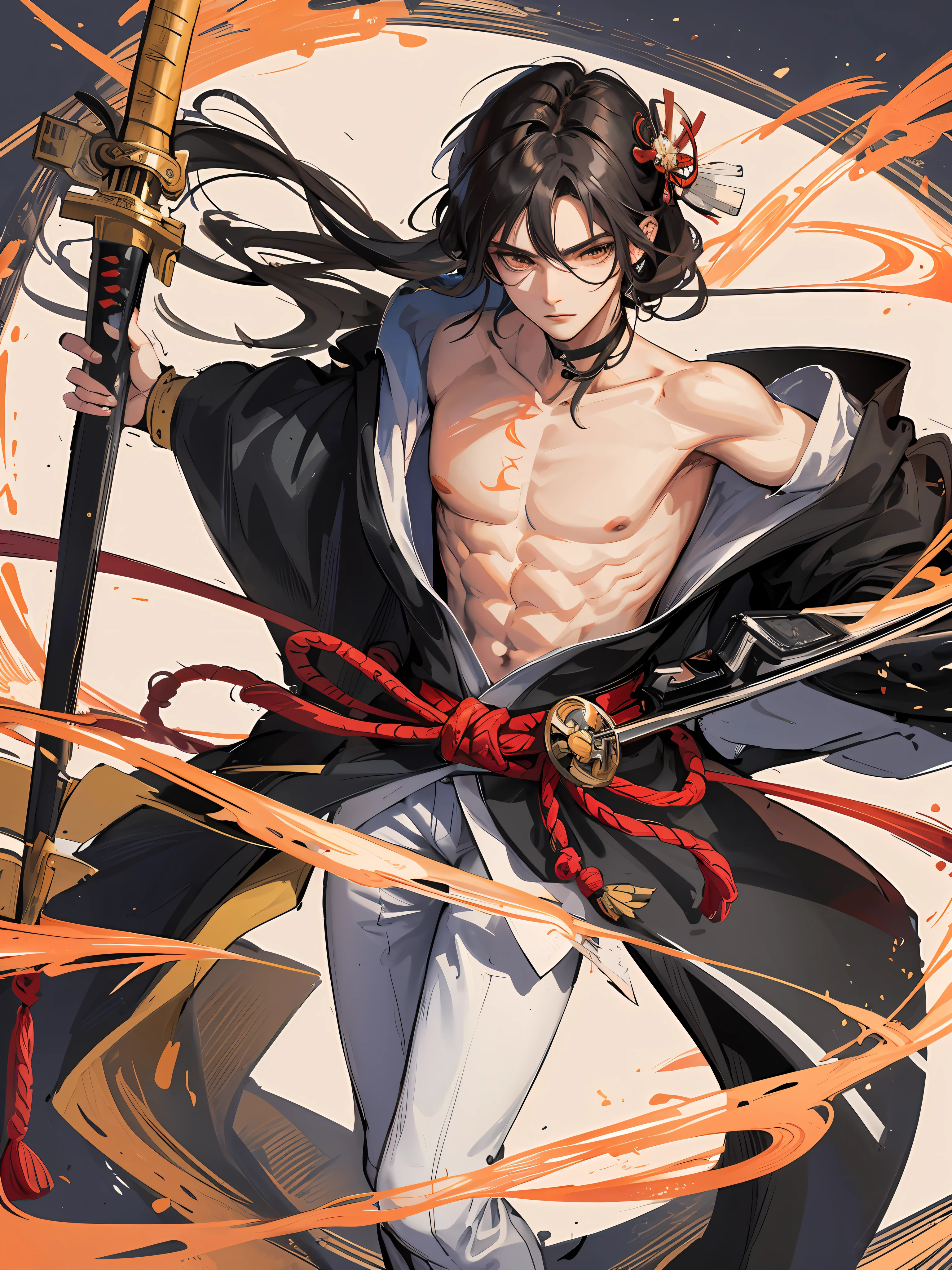 Susanoo, Sujin Woo Tsune, (1boy), set in a Japanese village, holding a gorgeous Japanese katana, is Amaterasu's younger brother, (hero), cheerful wayward and unreasonable man, mischief, lecherous and irritable, likes to drink, makes people stay away, dark eyes, Japanese ronin samurai, healthy skin, strong, well-proportioned muscles, short black hair, abs, Japanese ronin costume, white hood, clogs, perfect flesh full of strength, jaw-dropping, captivating visual enjoyment, facing the camera, (( Best Quality)), ((Masterpiece)), Maximum Definition, 8K Wallpaper, Official Art, Multi-layer Texture, Super Detailed, Illustration, (Super Detailed Face), (Perfect Face), Clear Texture, Fine Texture, Ultra HD Detail Display, Excellent Image Performance, High Quality Illustration, Perfect Fit and Harmonious Tone, Deep Lines, Precise Brush Strokes, With Strong Three-Dimensional and Delicate Wear, Wonderful Color Matching, Intricate Details