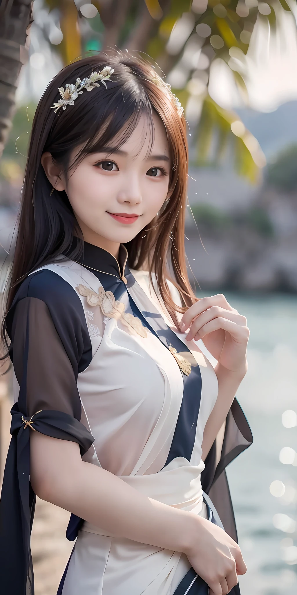 Vietnamese woman wearing Ao Dai, RAW photo, cute girl long shot portrait photo, smiling, saree, (desire), slim body, (sea background), (high detail skin: 1.2), 8k UHD, DSLR, soft lighting, high quality, film grain, fujifilm XT3