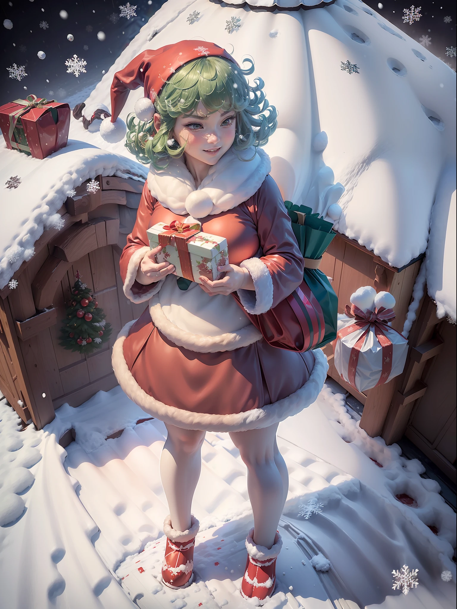 (Full body+standing up:1.5), Tatsumaki, (wearing a Santa Claus outfit with+holding a gift bag:1.3), She is smiling, looking at the viewer, (it's snowing+on top of a house roof+with a reindeer sleigh:1.3), Hyperrealism, 16k, best quality, high details, masterpiece, UHD, anatomically correct, textured skin,cartoon ,real