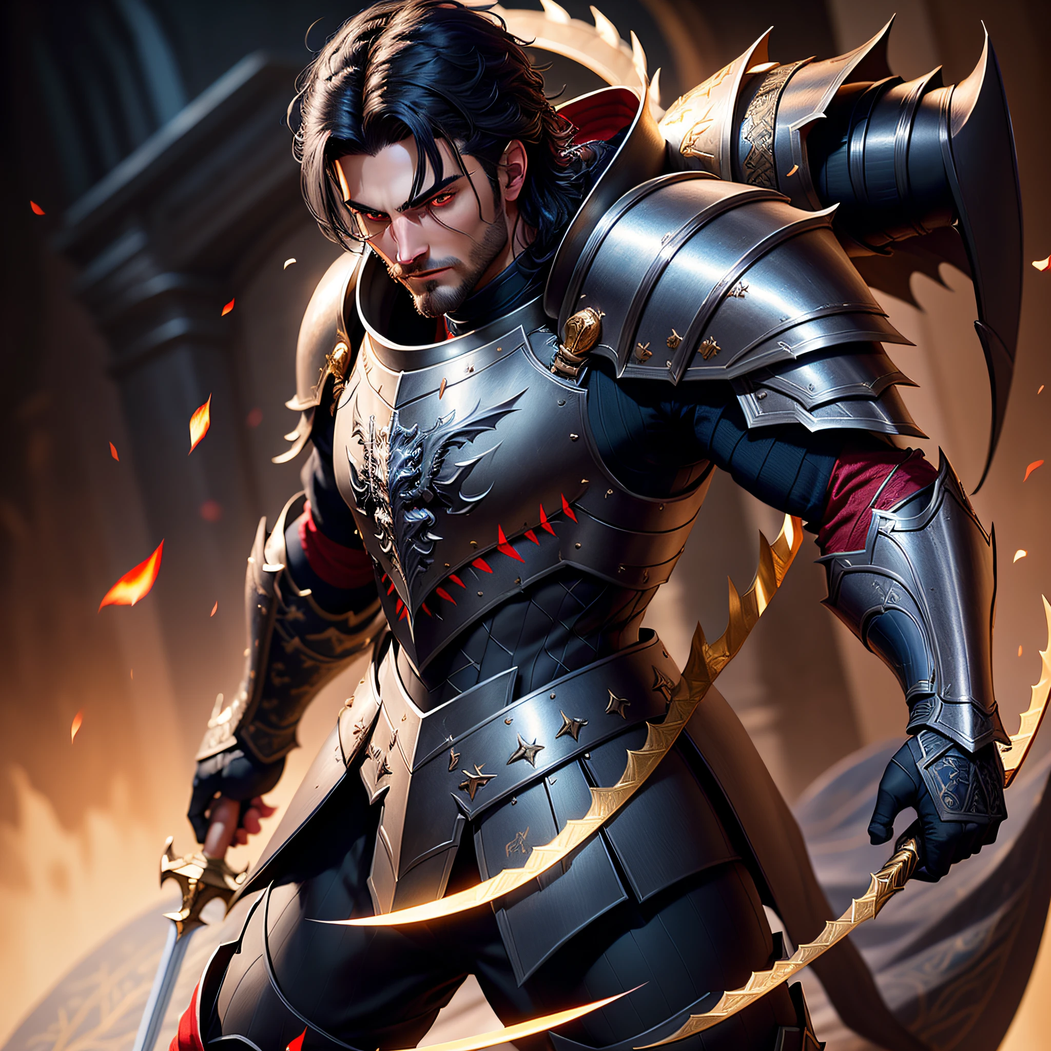 Male paladin with gray-black hair and red eye, black armor with dragon designs holding a sword, does not have a beard, dynamic pose, (detailed eyes, chromatic aberration, depth of field, soft lighting, masterpiece, best quality, intricate, 8K, incredible shadows, realistic, (highly detailed background:1.2)
