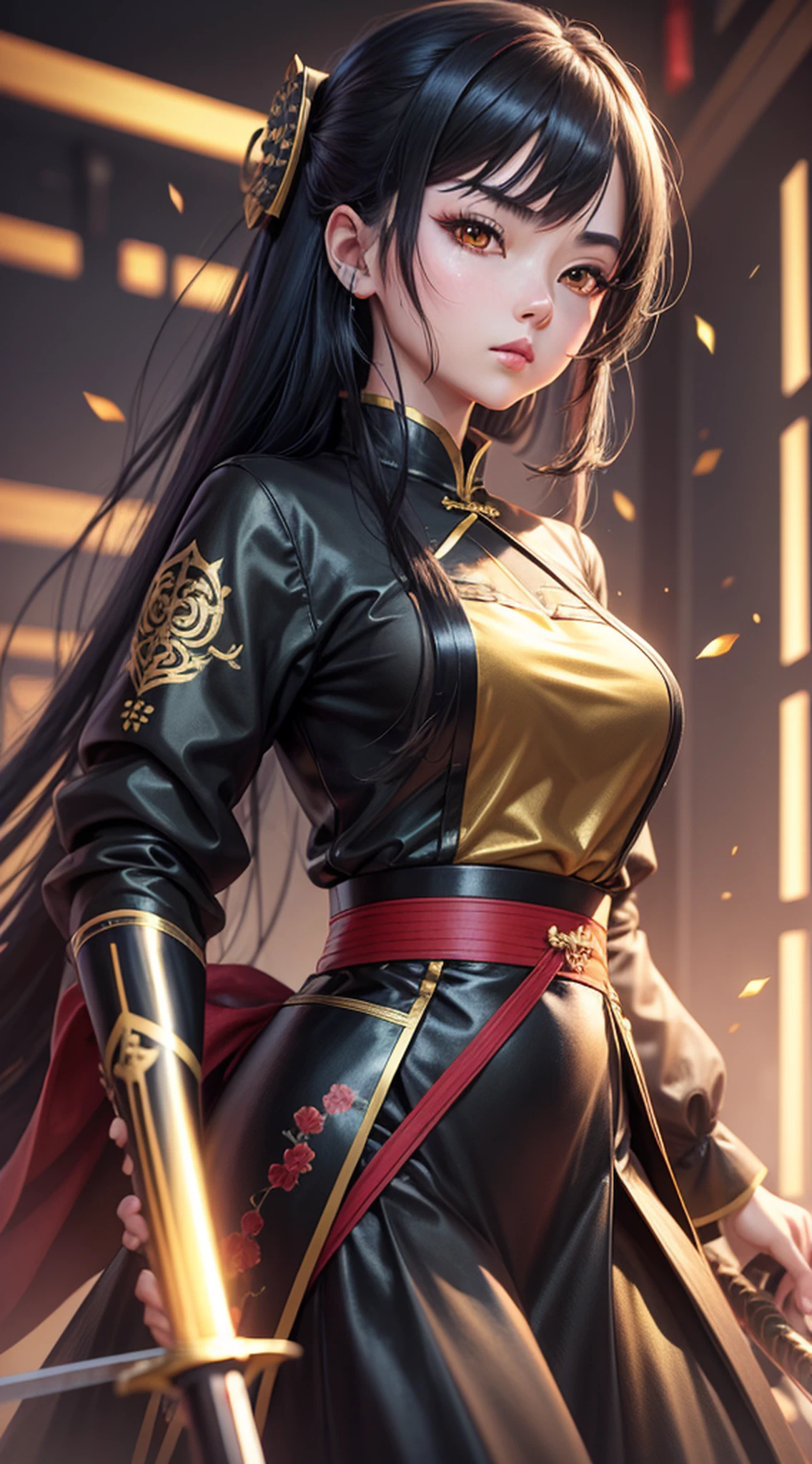 8k high definition, boy, anime, long sleeve blouse, chinese long skirt, battle poze, black hair, golden eyes, katana, pc wallpaper. --auto --s2