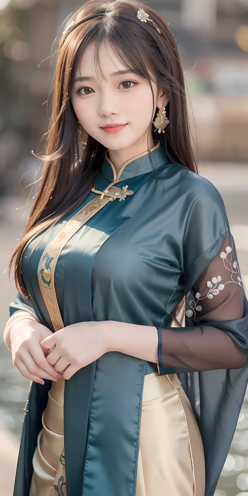 Vietnamese woman wearing Ao Dai, RAW photo, cute girl long shot portrait photo, smiling, saree, (desire), slim body, (sea background), (high detail skin: 1.2), 8k UHD, DSLR, soft lighting, high quality, film grain, fujifilm XT3