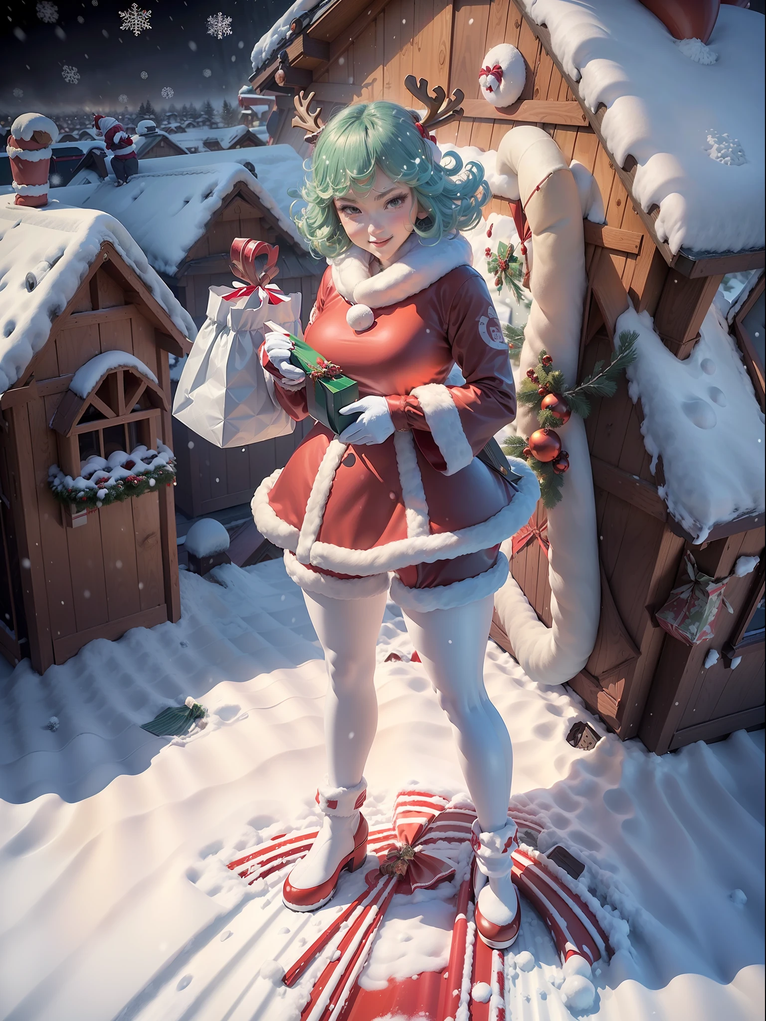 (Full body+standing up:1.5), Tatsumaki, (wearing a Santa Claus outfit with+holding a gift bag:1.3), She is smiling, looking at the viewer, (it's snowing+on top of a house roof+with a reindeer sleigh:1.3), Hyperrealism, 16k, best quality, high details, masterpiece, UHD, anatomically correct, textured skin,cartoon ,real