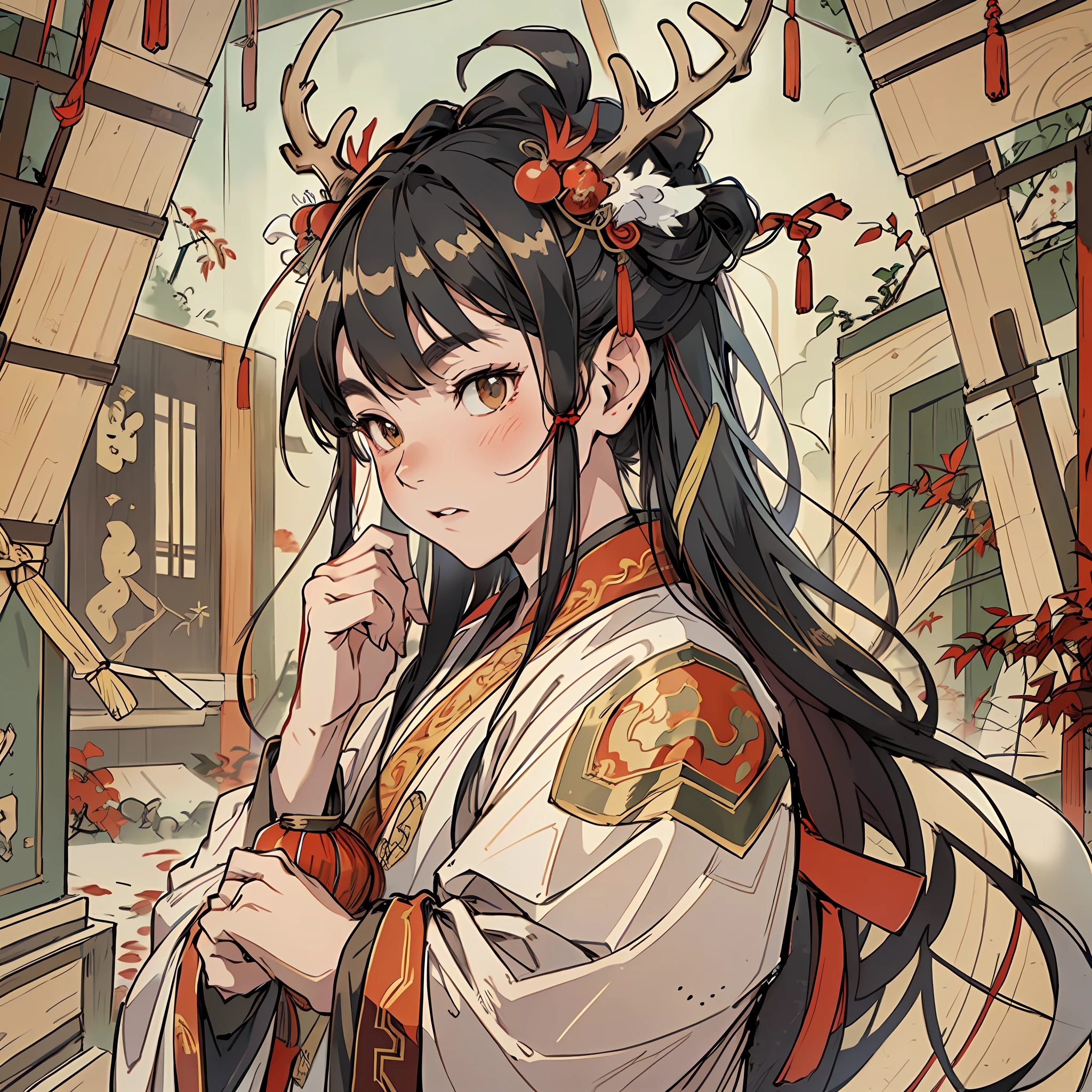 Highest quality, 4K, (anime: 1.2), male, child, with a pair of antlers on the head, ancient Chinese style, upper body, bare shoulder, long hair,