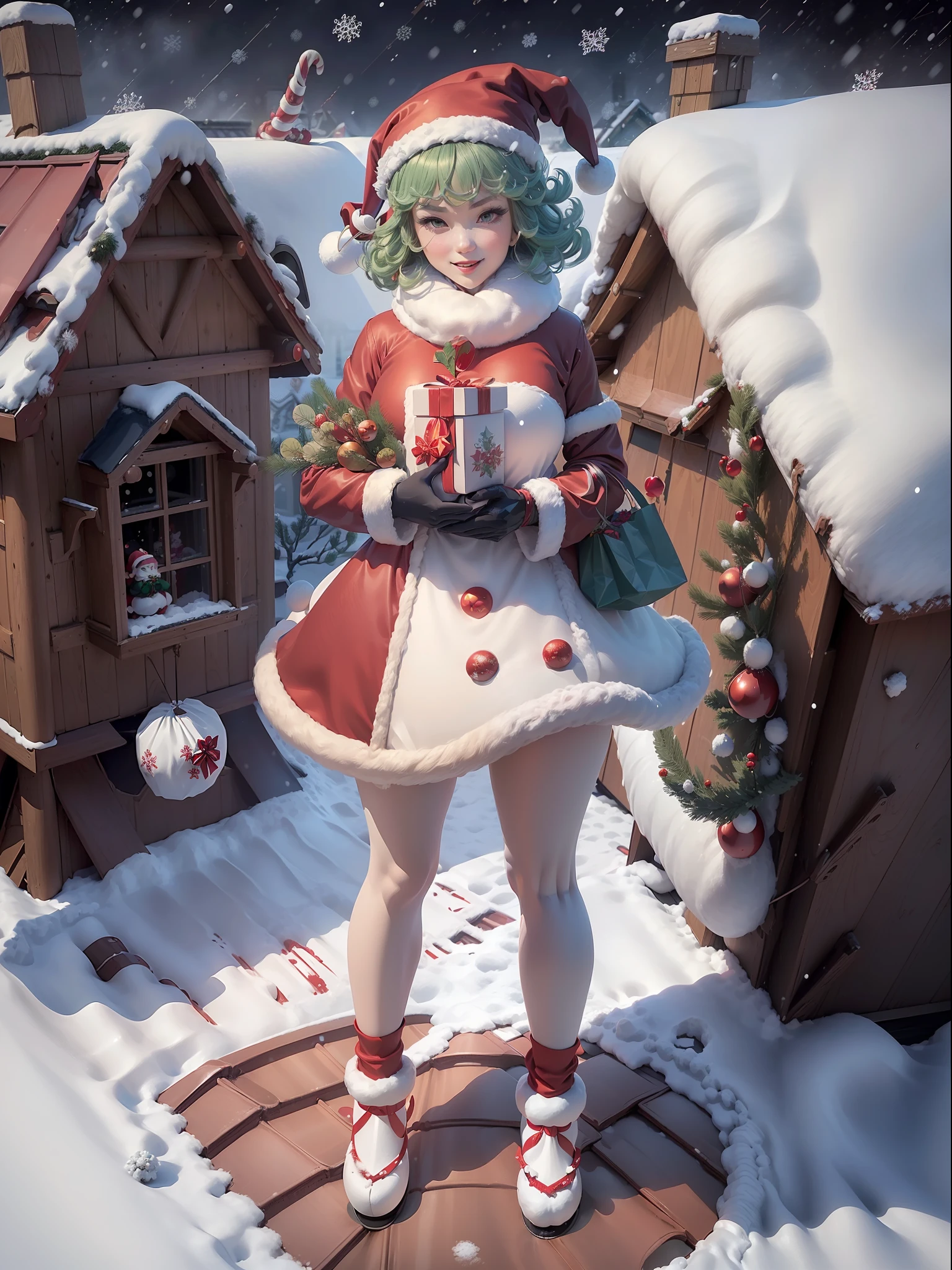 (Full body+standing up:1.5), Tatsumaki, (wearing a Santa Claus outfit with+holding a gift bag:1.3), She is smiling, looking at the viewer, (it's snowing+on top of a house roof+with a reindeer sleigh:1.3), Hyperrealism, 16k, best quality, high details, masterpiece, UHD, anatomically correct, textured skin,cartoon ,real