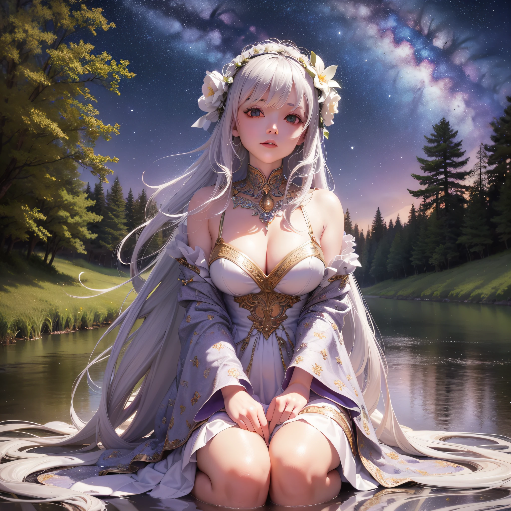 Beautiful background, octane rendering, HR Giger style, 8k, best quality, masterpiece, illustration, very refined and beautiful, very detailed, CG, unified, wallpaper, (realism, fidelity: 1.37), amazing, fine details, masterpiece, best quality, official art, very detailed CG unified 8k wallpaper, ((ultra-realistic details)), girl, long silver hair flowing in the wind, hair wrapped in silver ornaments, light purple tulle, right hand to ear, left hand with skirt, Half-kneeling sideways by the river, ripples in the water, sparkling, ((white reeds swinging with the wind)), starry dots in the sky, ((Milky Way in the distance))