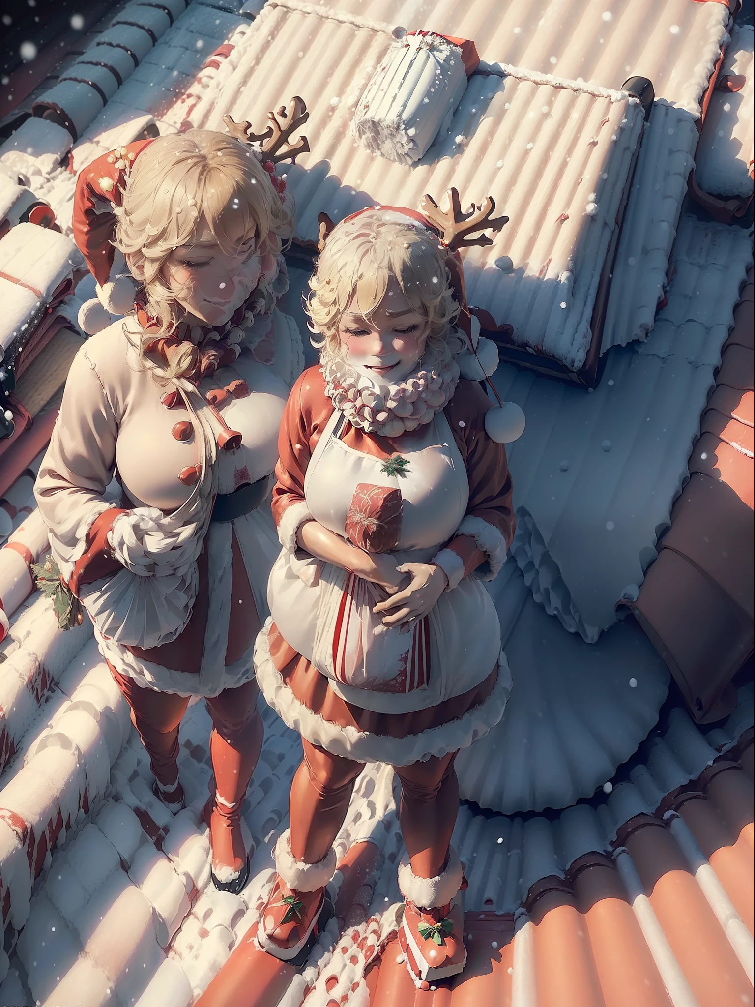 (Full body+standing up:1.5), Tatsumaki, ((wearing a Santa Claus outfit with+holding a gift bag:1.5)), She is smiling, looking at the viewer, ((it's snowing+on top of a house roof+with a reindeer sleigh:1.5)), Hyperrealism, 16k, best quality, high details, masterpiece, UHD, anatomically correct, textured skin,cartoon ,real
