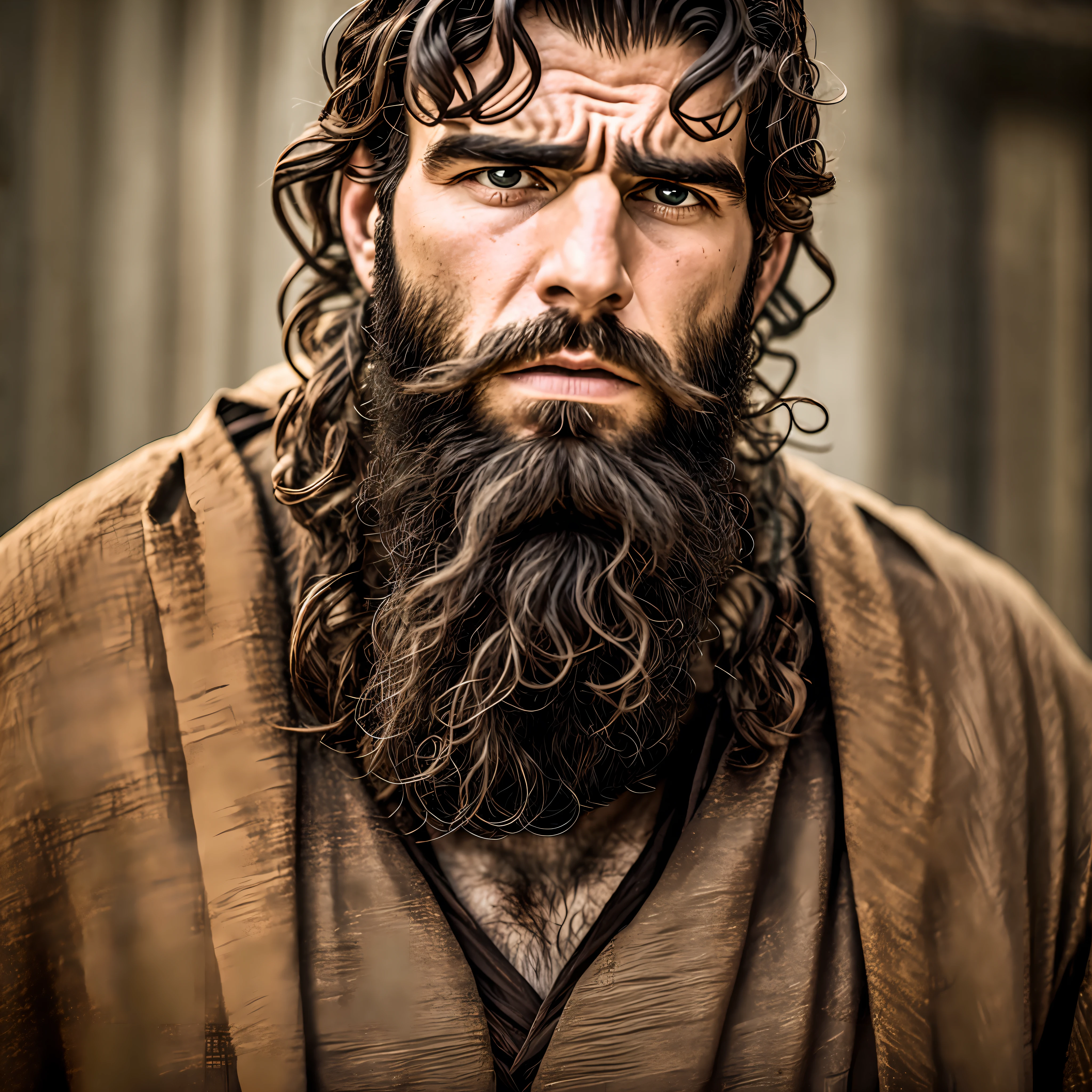 A man with a beard, sad, anguished, ugly, wider image, promotional image, biblical clothing, still from a live-action film, filmed film, Diego Fazio, Zachary Quinto, edited --auto --s2