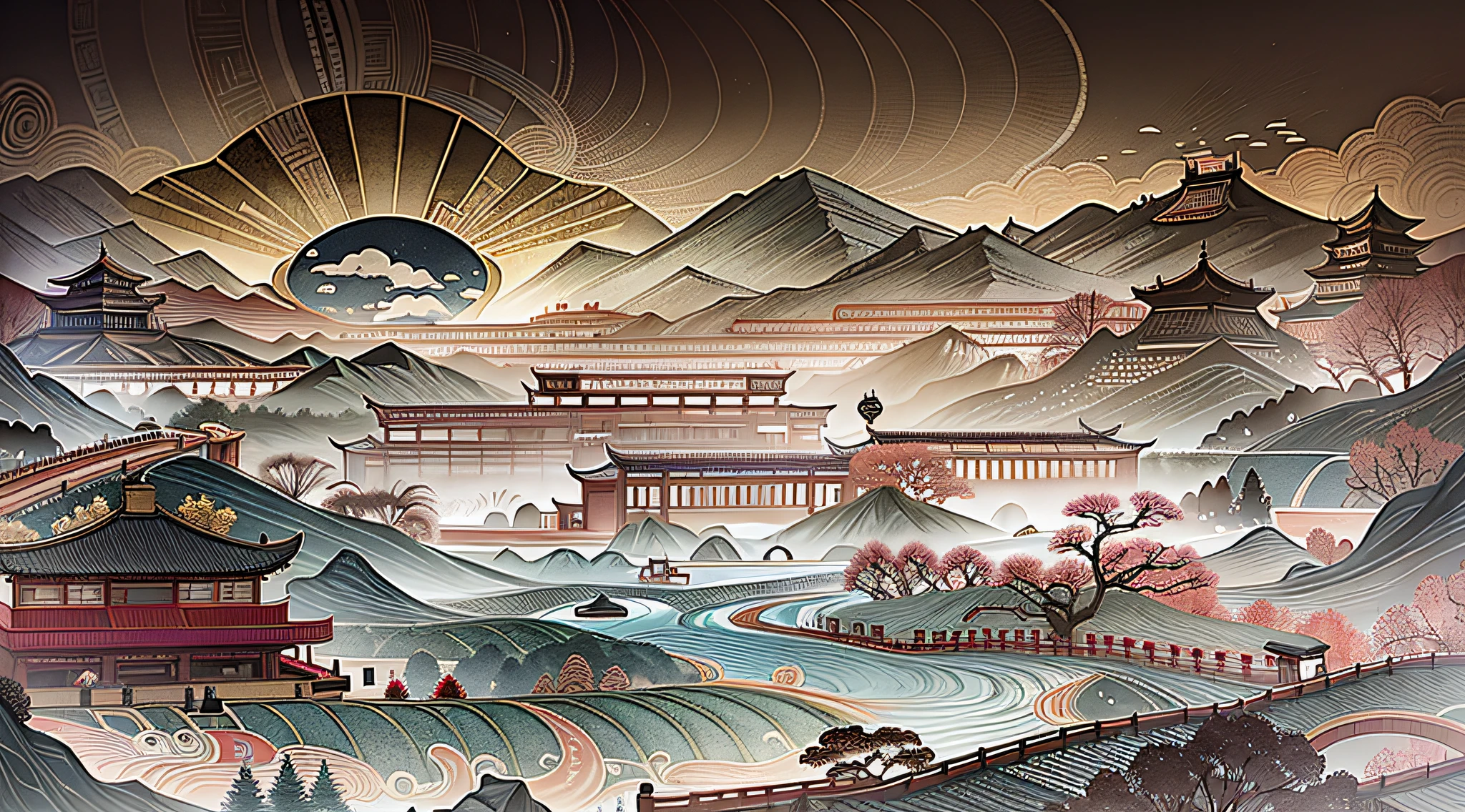 An ancient Chinese painting, ancient Chinese background, mountains, rivers, auspicious clouds, pavilions, sunshine, masterpieces, super detail, epic composition, ultra HD, high quality, extremely detailed, official art, unified 8k wallpaper, Super detail, 32k -- v 6