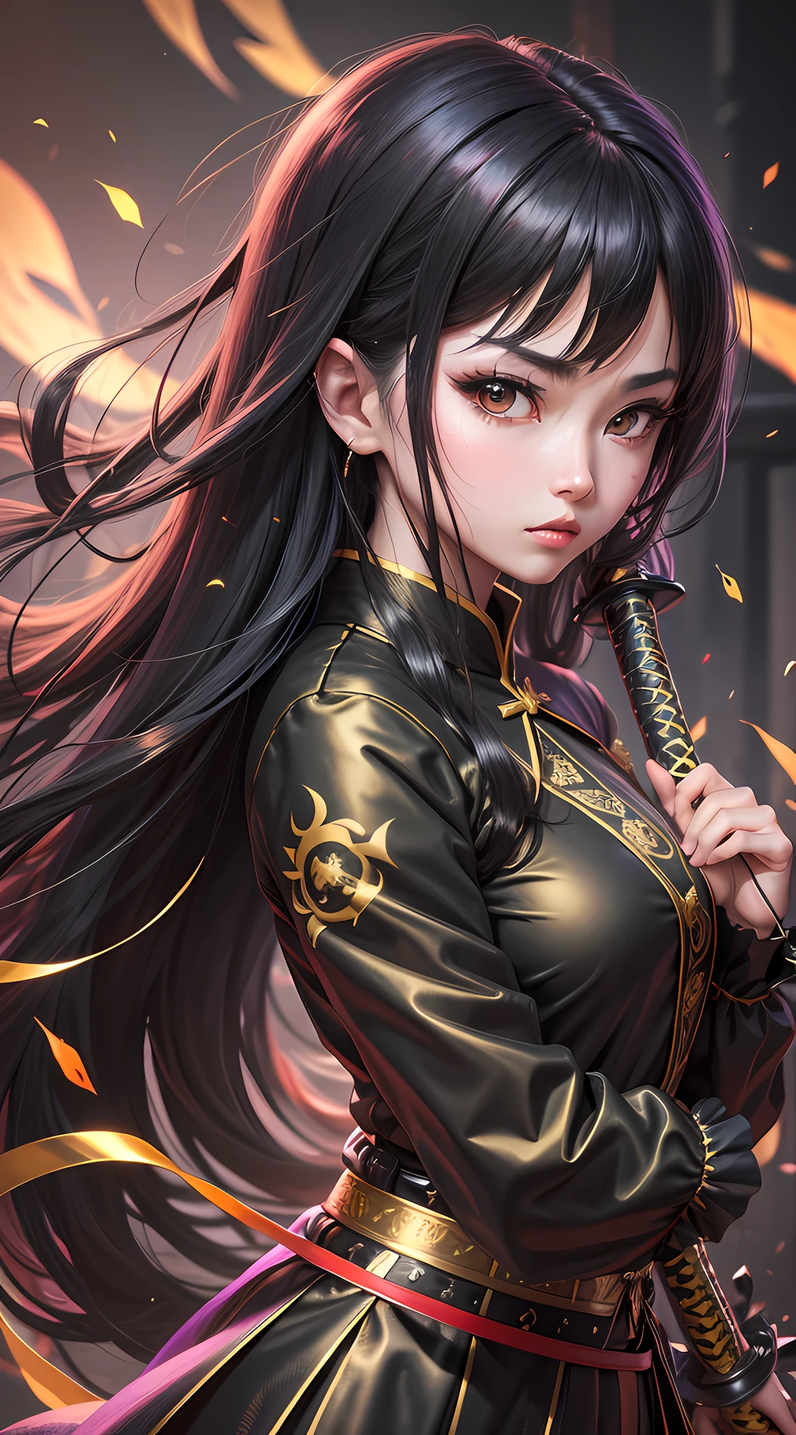8k high definition, boy, anime, long sleeve blouse, chinese long skirt, battle poze, black hair, golden eyes, katana, pc wallpaper. --auto --s2