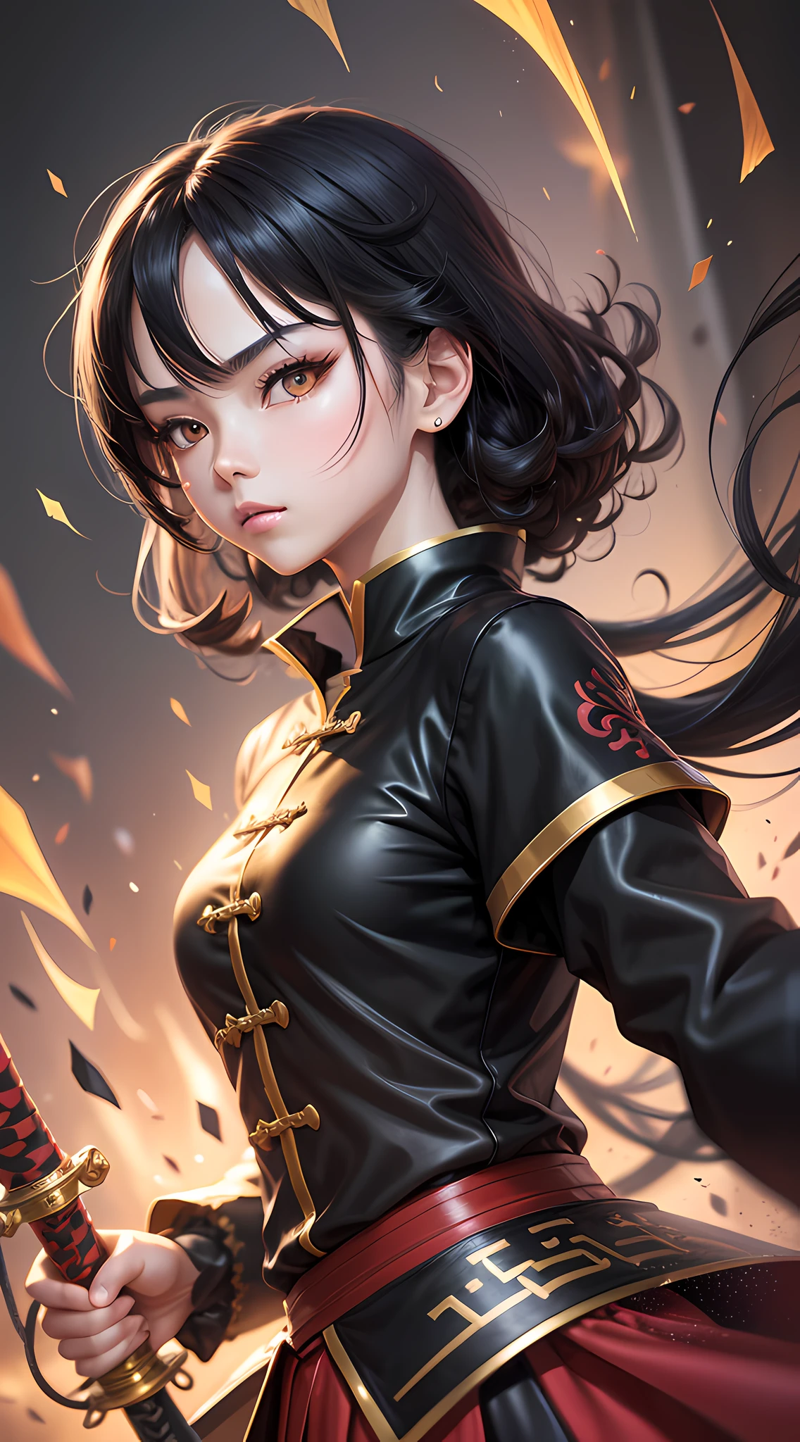 8k high definition, boy, anime, long sleeve blouse, chinese long skirt, battle poze, black hair, golden eyes, katana, pc wallpaper. --auto --s2