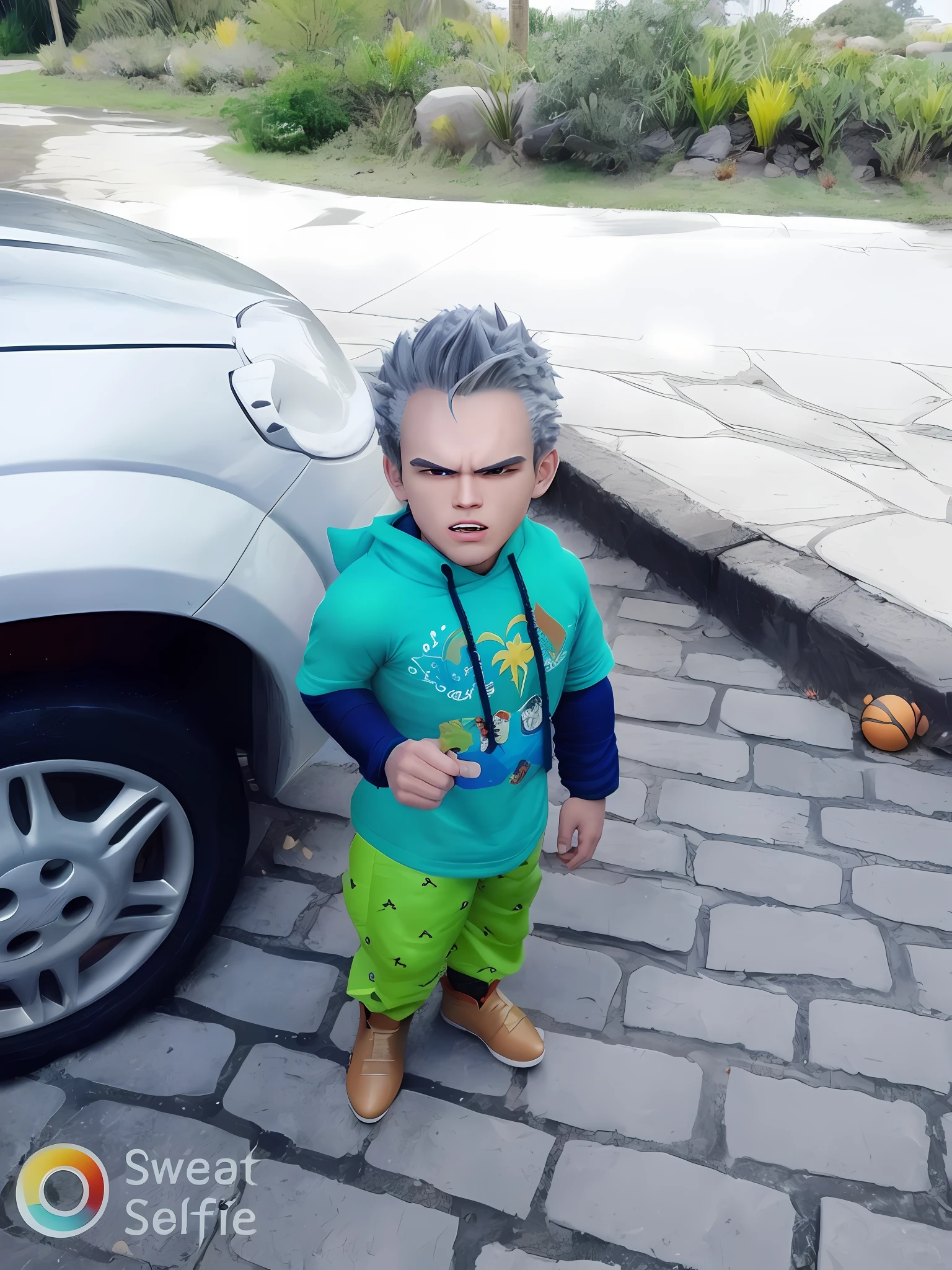 goku dragon ball bodybuilder, beautiful face, serious face, white hair, red eyes, perfect body, fit body, abs, big breasts, muscular,blue and orange armor