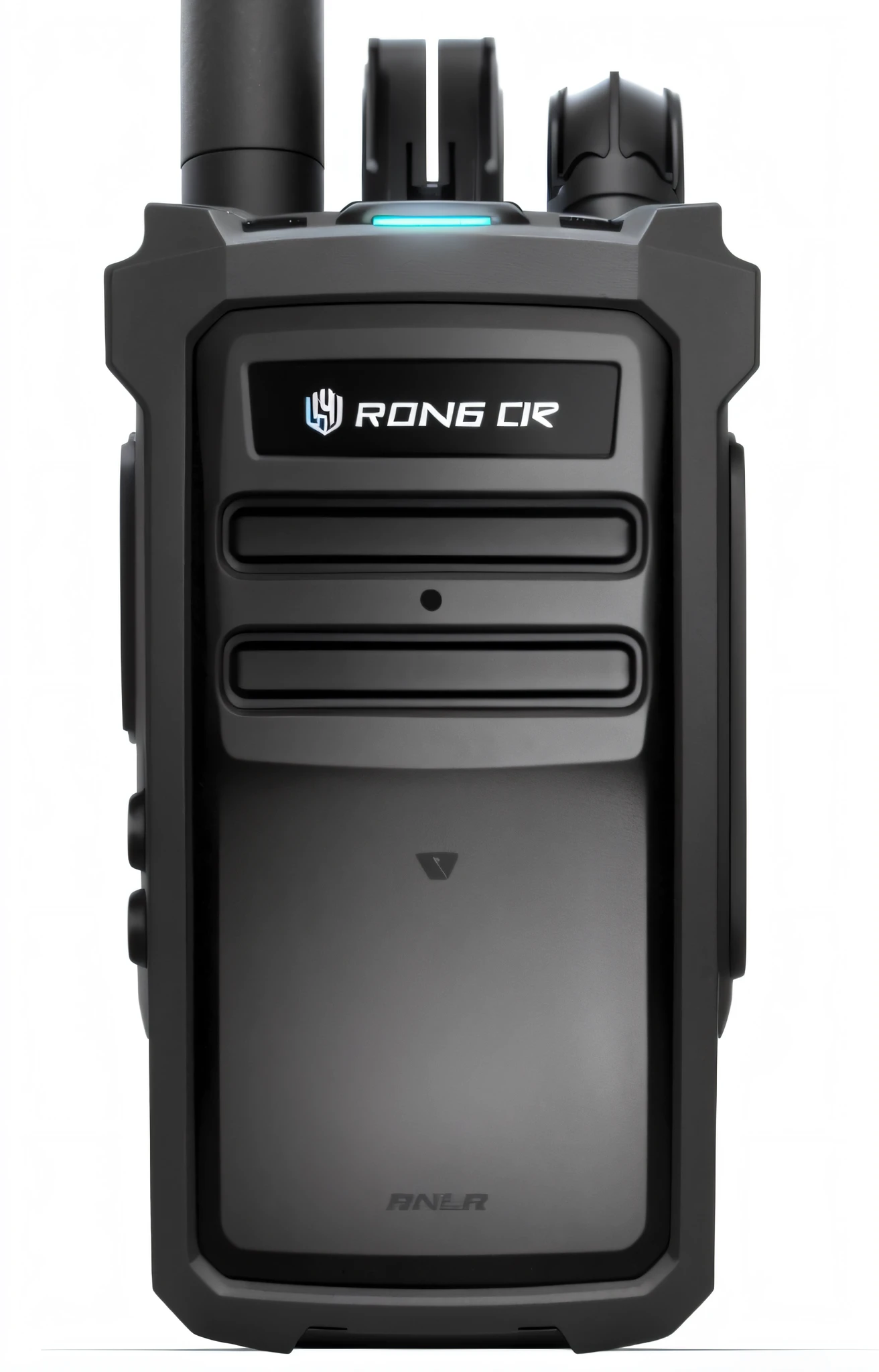 Close-up of black walkie-talkie with two microphones, rongier, 1128x191 resolution, very high resolution, front view, long lens from the front, RTX, promotional image