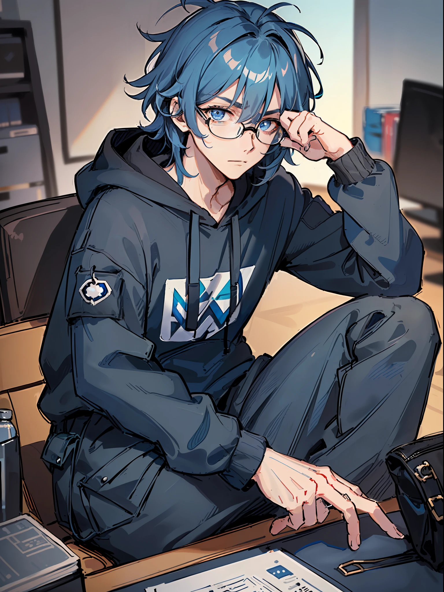 ((highest quality, masterpiece, 4k, finely detailed, detailed eyes, detailed face, intricate details, gelbooru, pixiv)), ((solo)), 1boy, male, masculine, skinny, lanky, ((shaggy messy hair, longer bangs falling into face, blue hair color with dark blue strands)), ((steel blue eye color, half-lidded tired eye shape, bags under eyes)), looking at viewer, neutral expression, hands in hoodie pouch, (((modern hoodie with dark blue and black colors, baggy black cargo pants))), hacker room background, ((wearing thick rimmed glasses)), square jaw line, sitting on computer chair