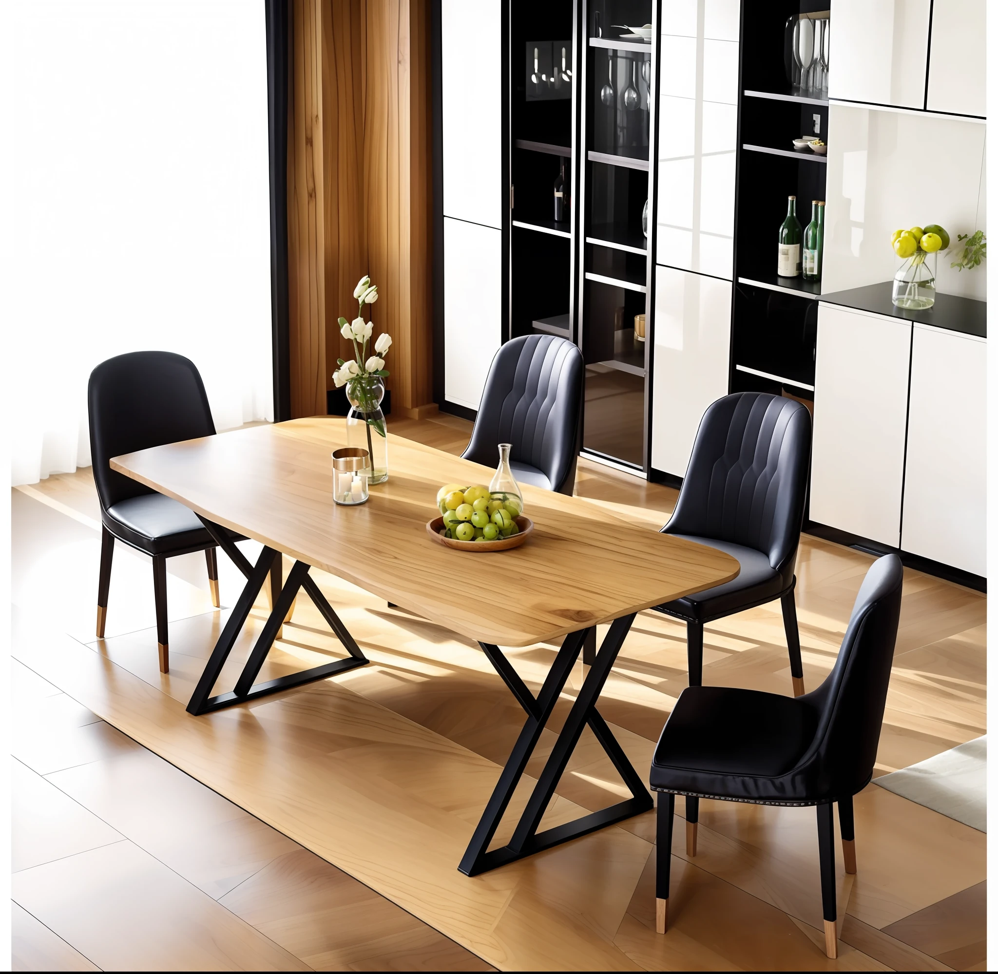 There is a table with chairs and a bowl of fruit, rectangular wooden table with black cross base large, wooden table, dining table, dining table, wooden table, high quality, wooden table, elegant and sophisticated, elegant furniture, smooth lines, powerful, table, 2021, 2 0 2 1, white kitchen table, 2022