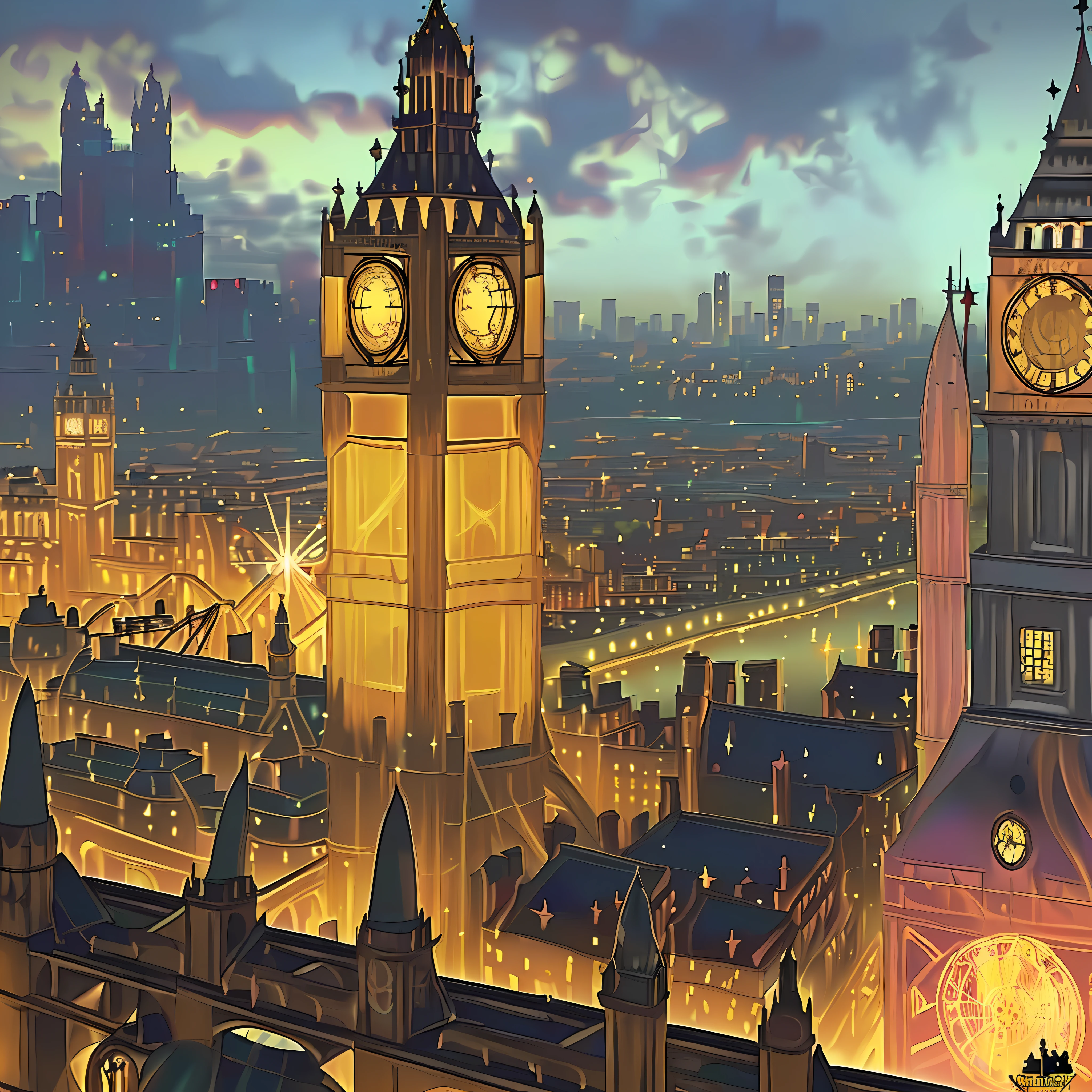 top view, ((((medieval London city))))), ((fantasy art, dark fantasy)), Victorian, James Gurney style, ((psychedelic, ultra realistic, cinematic, 16k, cinematic art)), splash art 500, Chaos 750, stylized 800, ((psychedelic colors))