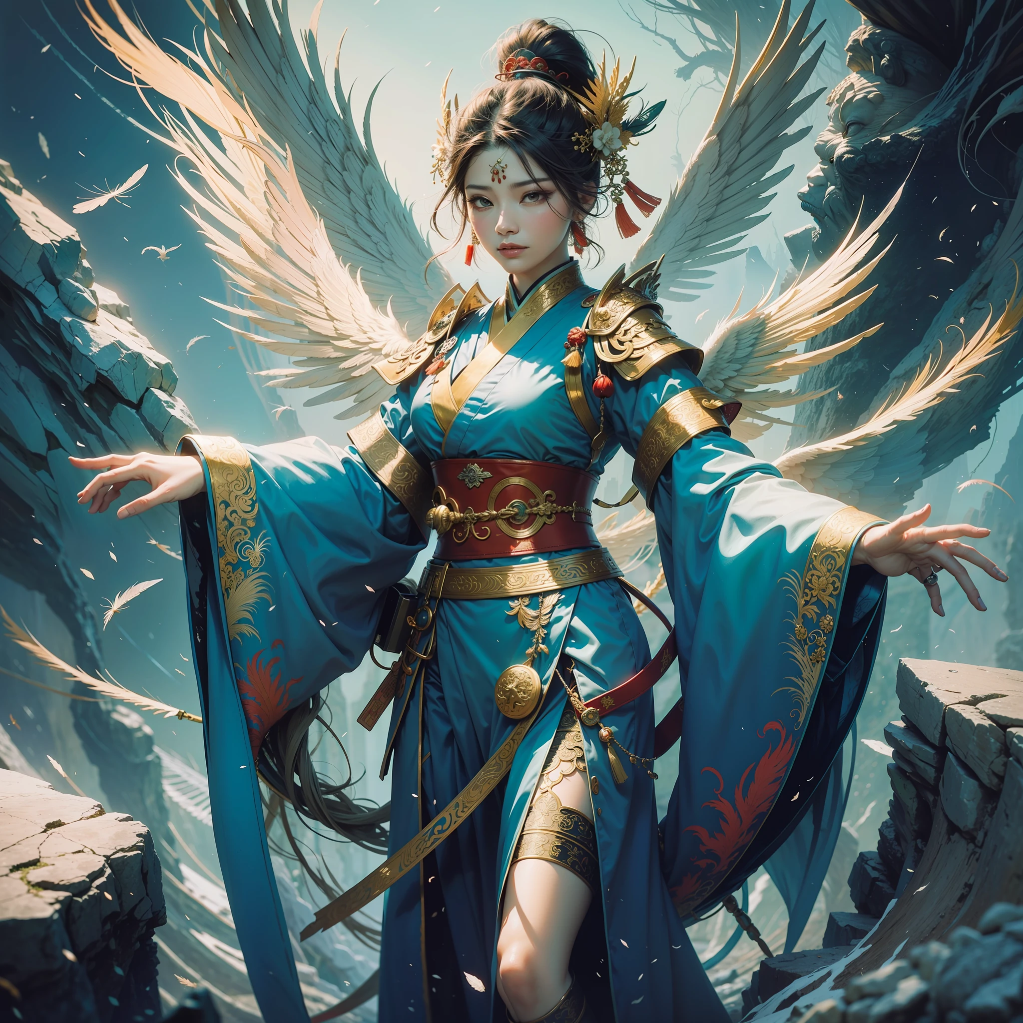 Chinese style, phoenix fairy, god, gorgeous clothes, beautiful feather pattern, Hanfu, standing on the top of the mountain, 32k --niji 5