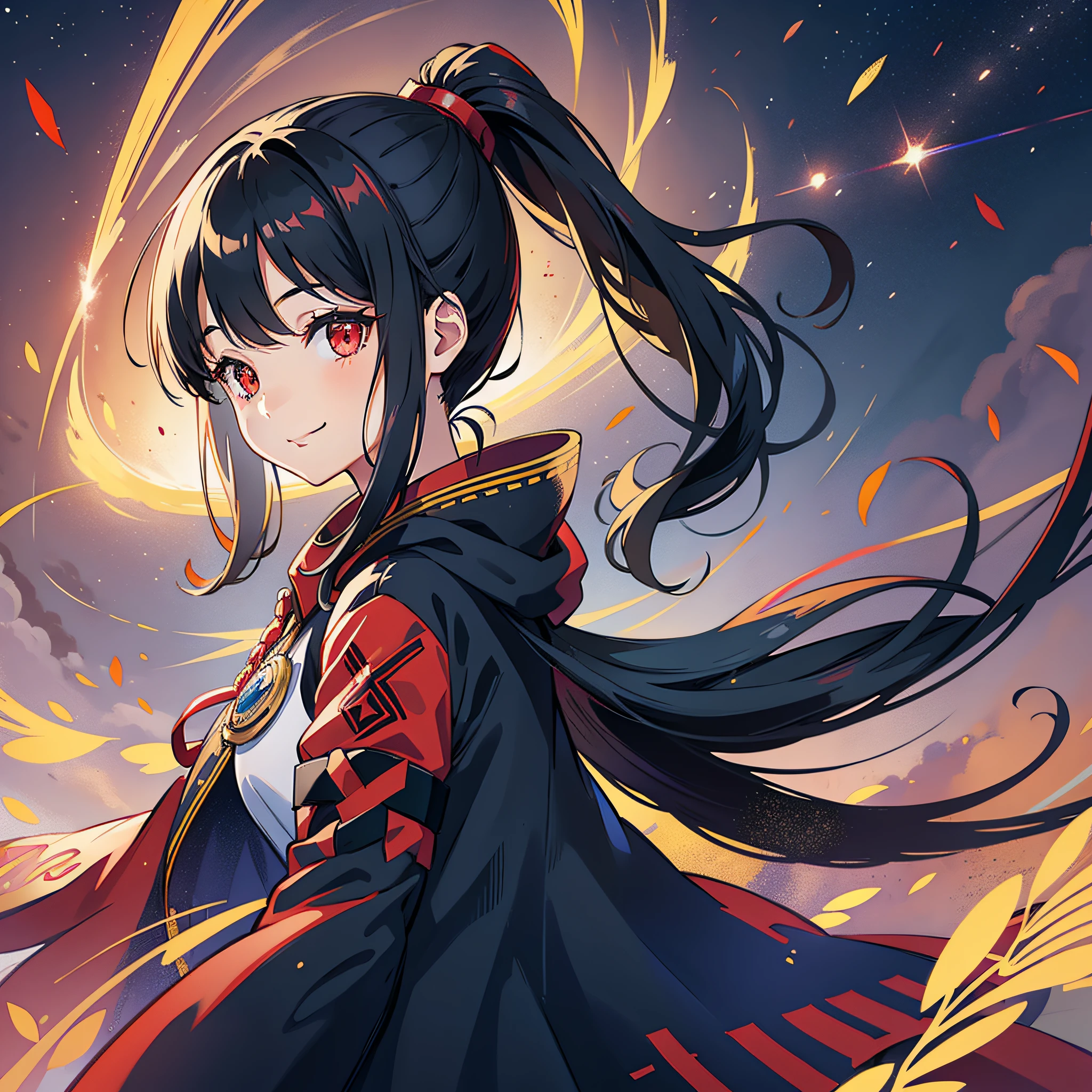 dress, 1girl, solo, long black hair, red eyes, smile, standing, single ponytail, red cloud, retroflying shooting star,