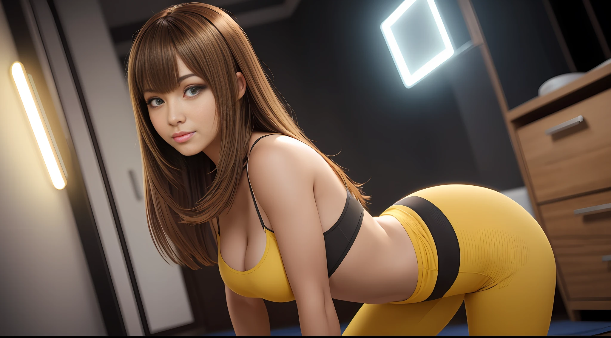 striped hair, light brown hair, bangs, long hair, eyeball, bright eyes, amber eyes, beak, light smile, licking lips, face, full body, big breasts, big ass, yoga pants, hyperrealism, cinematic lighting, reflection light, first person view, f/1.2, best quality, highres, 4K, super detail --auto --s2