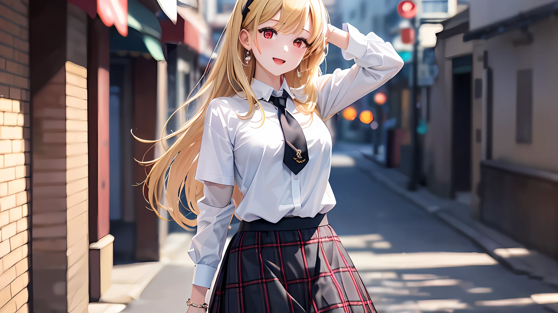 4K, masterpiece, high-definition, more absurd, natural volumetric lighting and best shadows, deep depth of field, sharp focus, soft, delicate, beautiful attractive face, sponge doll, anime style, kitagawa marine, 1girl, :d, torso, pearl bracelet, pearls, black tie, blonde hair, blue skirt, blush, bracelet, hand on your own hip, jewelry, long hair, look viewer, tie, open mouth, checker, plaid skirt, red eyes, school uniform, shirt,  outdoor, skirt, smile, solo, standing, white background, white shirt,