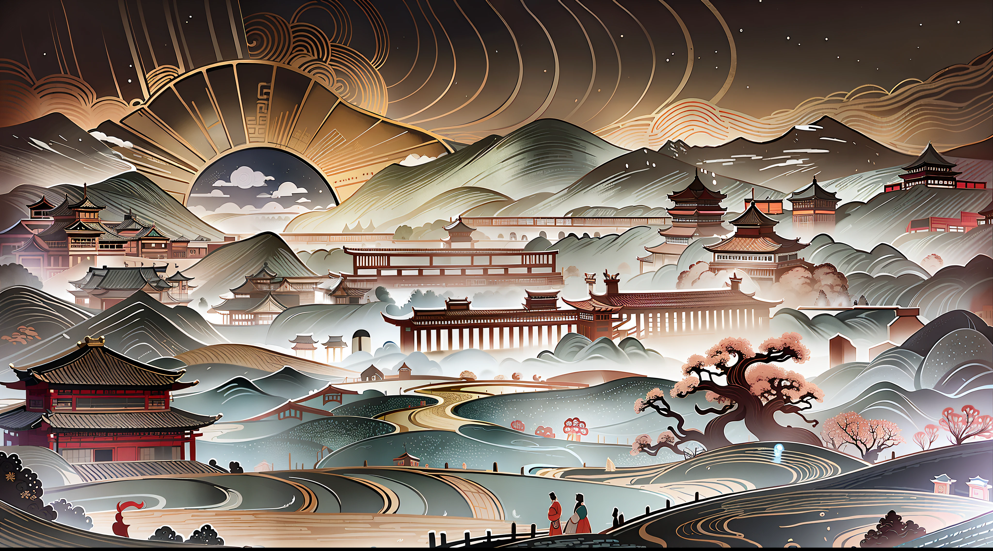 An ancient Chinese painting, ancient Chinese background, mountains, rivers, auspicious clouds, pavilions, sunshine, masterpieces, super detail, epic composition, ultra HD, high quality, extremely detailed, official art, unified 8k wallpaper, Super detail, 32k -- v 6