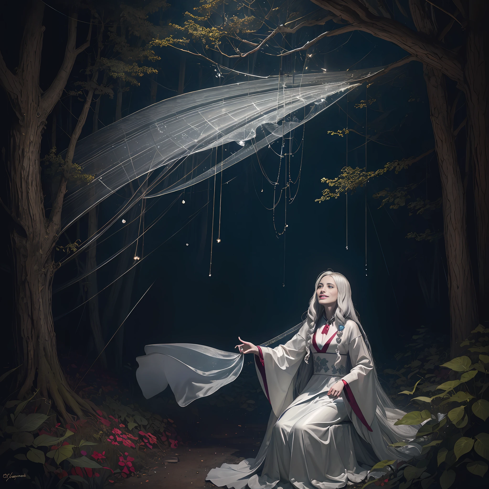 Masterpiece, best quality, MTSpider V4, (((ung innocent boy)), HDR, very detailed eyes and face, goth, solo, white skin, long hair, beads, japanese clothes, white kimono, silk, stone, forest, northern lights, spider silk, (glowing metal objects hovering in the air and encircling him: 1.2), (arcs and sparks: 1.2), (energy flow: 1.2), (translucent magnetic field lines: 1.2), (gold, silver gray and shimmering light effects: 1.2), horror art, fear, unified 8k wallpapers, ultra-detailed, beautiful and aesthetic, masterpiece, the best quality, deep and rich black shadows, mother earth, smiles, enchanting whimsical fantasy forest background, happiness, enchanting atmosphere, very detailed, dynamic angles, cowboyshot, most beautiful chaotic forms, elegance, fauvist design, bright colors, romanticism, by James Jean, Robbie Devi Antonio, Ross Tran, Francis Bacon, Michal Mlaz, Adrian Ganey, Petra Corright, Gerhard Richter, Takashi Yamamoto, Ashley Wood, Atmospheric