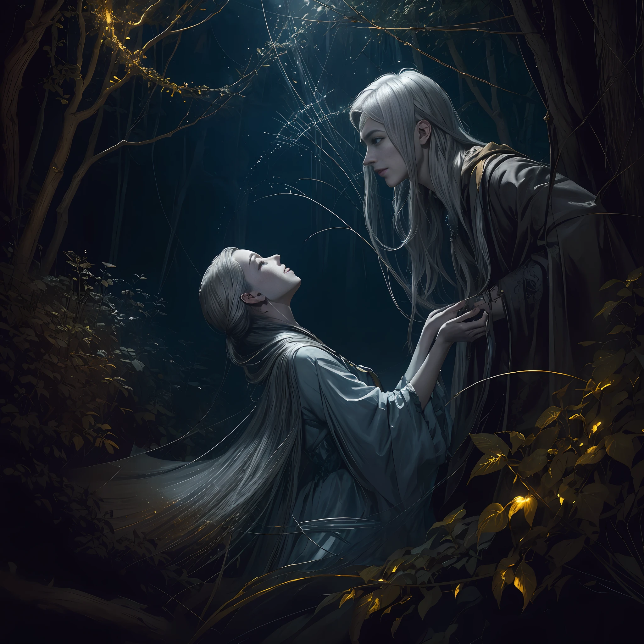 Masterpiece, best quality, MTSpider V4, (((1 young innocent boy)), HDR, very detailed eyes and face, goth, solo, white skin, long hair, beads, japanese clothes, white kimono, silk, stone, forest, northern lights, spider silk, (glowing metal objects hovering in the air and encircling him: 1.2), (arcs and sparks: 1.2), (energy flow: 1.2), (translucent magnetic field lines: 1.2), (gold, silver gray and shimmering light effects: 1.2), horror art, fear, unified 8k wallpapers, ultra-detailed, beautiful and aesthetic, masterpiece, the best quality, deep and rich black shadows, mother earth, smiles, enchanting whimsical fantasy forest background, happiness, enchanting atmosphere, very detailed, dynamic angles, cowboyshot, most beautiful chaotic forms, elegance, fauvist design, bright colors, romanticism, by James Jean, Robbie Devi Antonio, Ross Tran, Francis Bacon, Michal Mlaz, Adrian Ganey, Petra Corright, Gerhard Richter, Takashi Yamamoto, Ashley Wood, Atmospheric