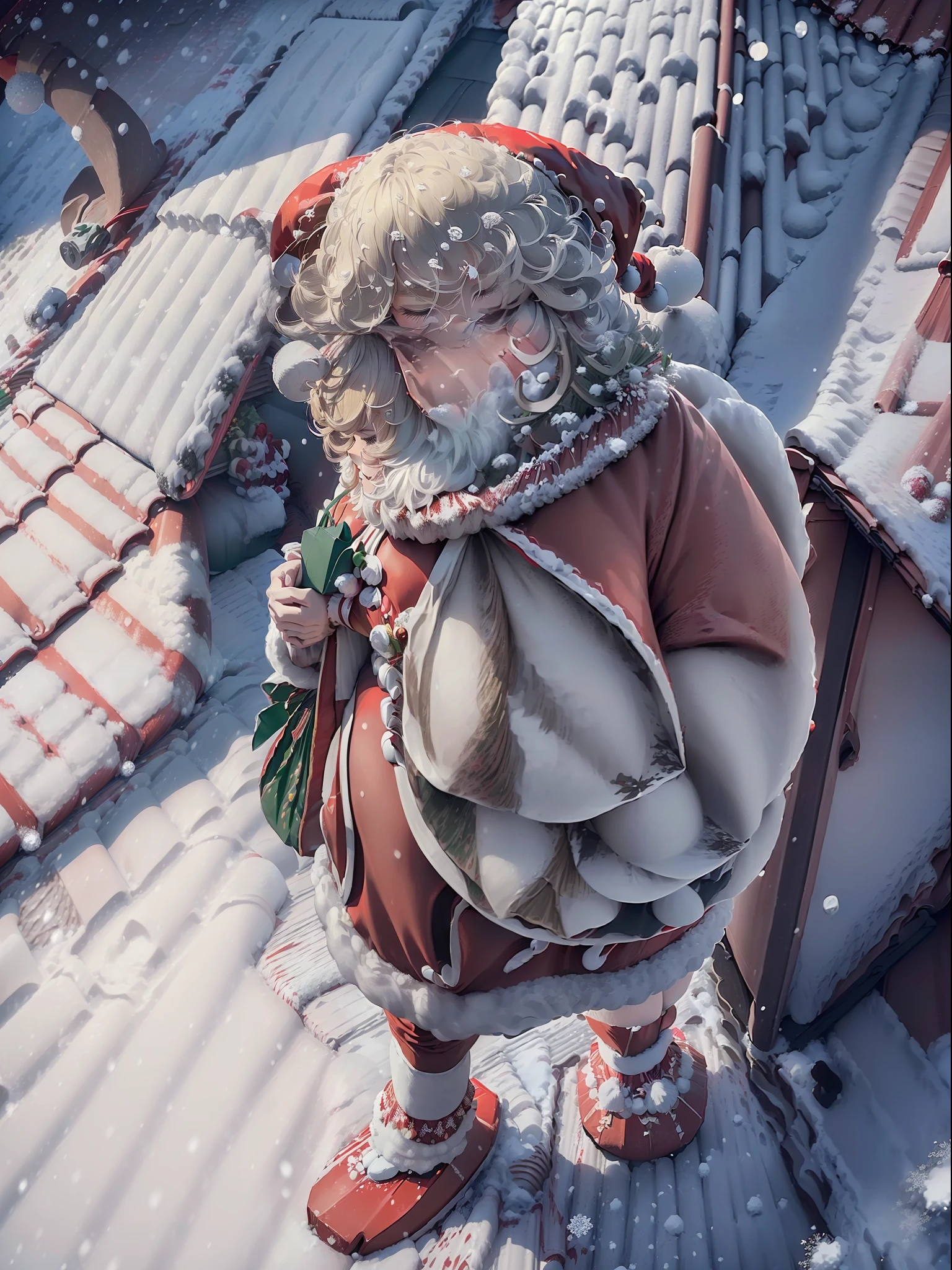 (Full body+standing up:1.5), Tatsumaki, ((wearing a Santa Claus outfit with+holding a gift bag:1.5)), She is smiling, looking at the viewer, ((it's snowing+on top of a house roof+with a reindeer sleigh:1.5)), Hyperrealism, 16k, best quality, high details, masterpiece, UHD, anatomically correct, textured skin,cartoon ,real