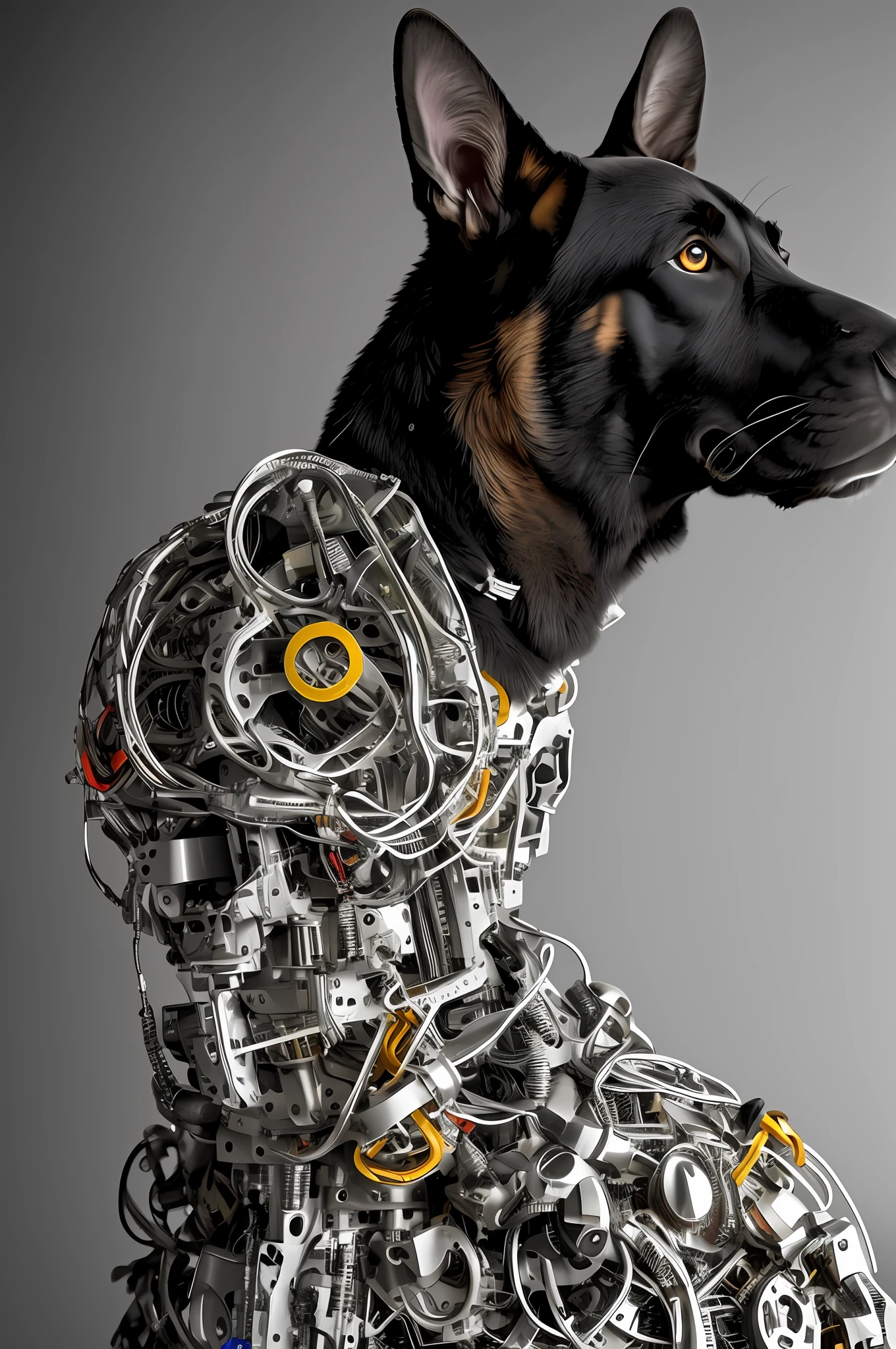 1 dog breed German Shepherd, mechanical, fiber optic hair, (((ultra realistic details)), portrait, global lighting, shadows, octane render, 8k, ultra sharp, metal, intricate, detailed ornaments, cool colors, Egyptian detail, highly intricate details, realistic light, trend in cgsociety, bright eyes, front camera, neon details, mechanical limbs, blood vessels connected to tubes, mechanical vertebra attaching to the back, mechanical cervial attaching to the neck, sitting, wires and cables connecting to the head