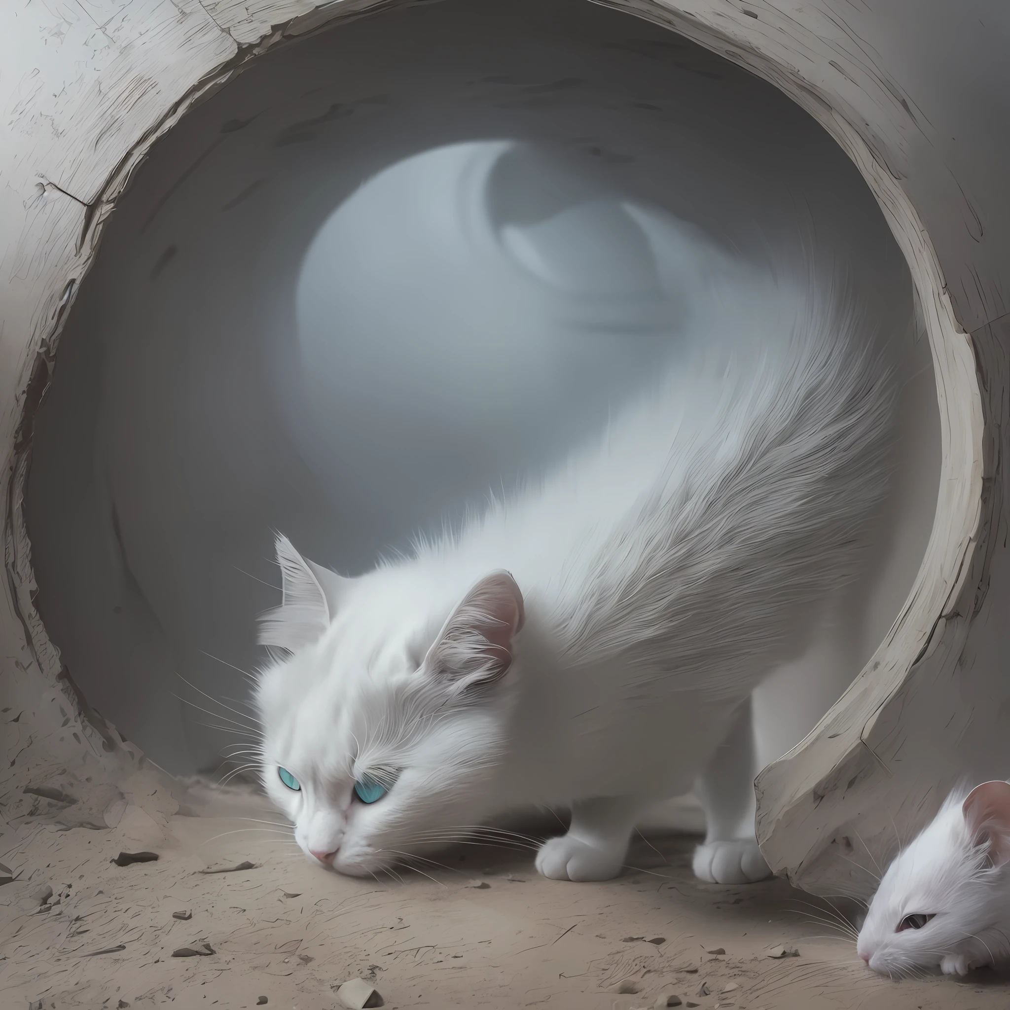 Draw a cat, cute, white-haired, walking next to a mouse, cute, white-haired, in a dark hole, atmospheric perspective, seen from the side, 8k, super detailed, accurate, better quality." --auto --s2
