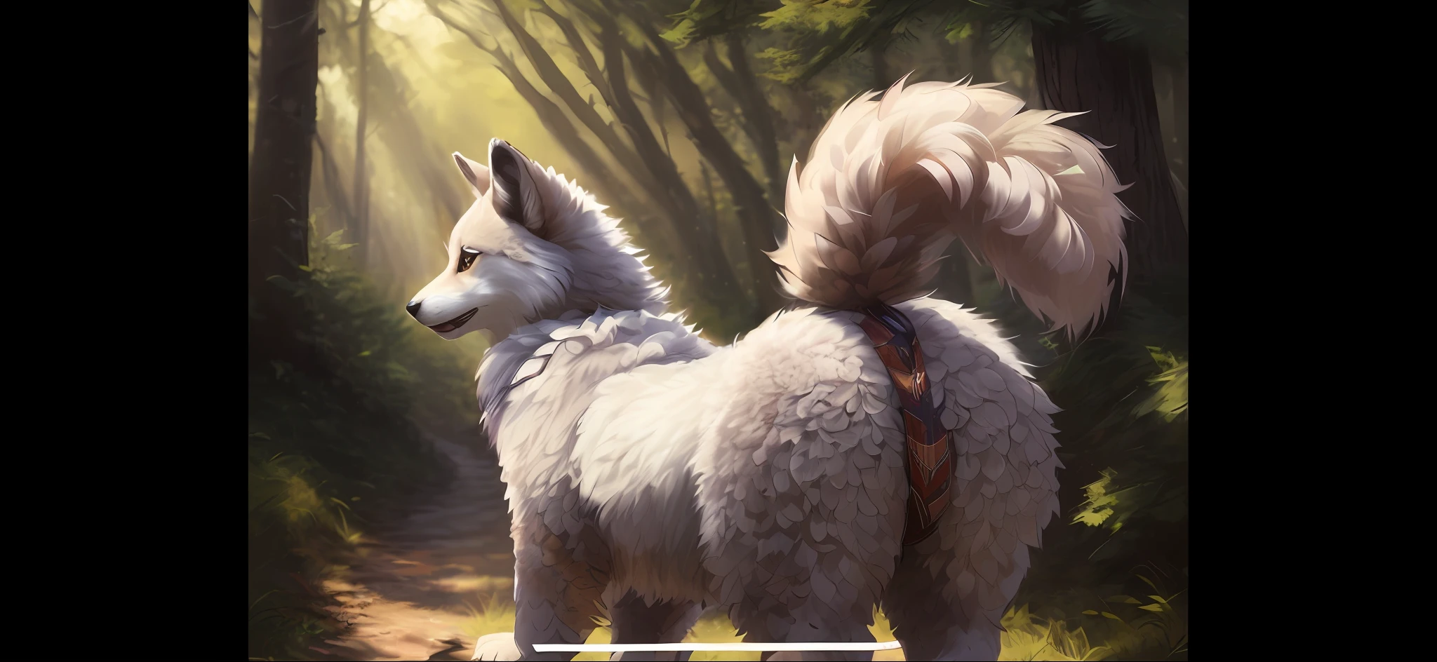 painting of a dog with a leash standing in the woods, fluffy tail, furry tail, furry wolf, furry fantasy art, very very beautiful furry art, thick fluffy tail, bushy tail, hyper realistic fur, furry art, sfw version, pov furry art, dramatic cinematic detailed fur, anatomically correct vulpine, furry art!!!, furries wearing tails, barley_visible_Anus,