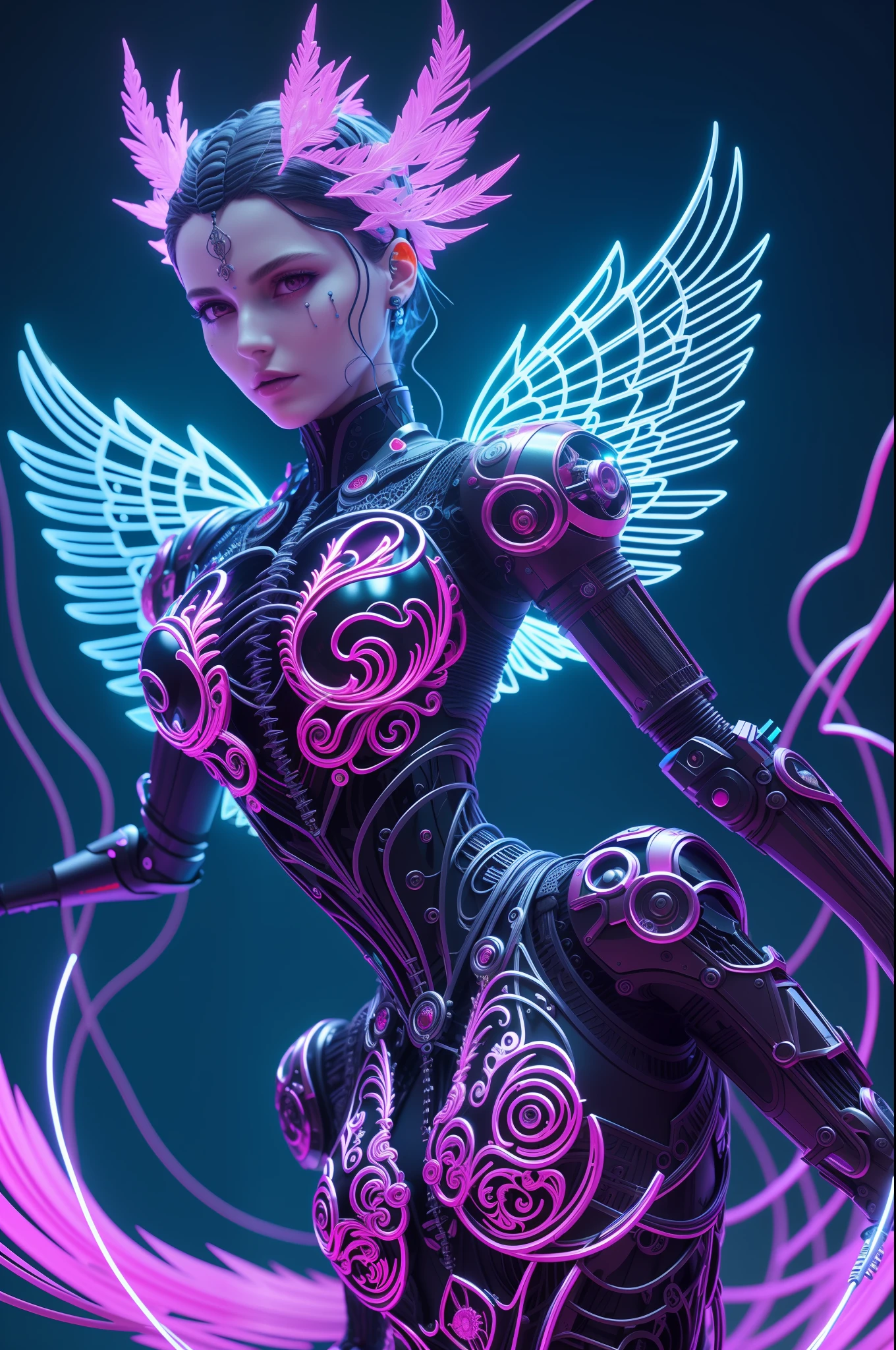 Intricate 3D Rendering Ultra Detailed Beautiful Angel of Death, Biomechanical Robot, Simulated 150mm Lens, Beautiful Natural Soft Rim Light, Neon Veins, Roots, Delicate Leaf Lace, Colorful Details, Boris Bidjan Saberi Costume, Pearl Earrings, Piercings , art nouveau fashion embroidery, intricate details, mesh lines, mandelbrot fractals, facial muscles, cables, microchips, thugs, surreal, octane, volumetric lighting, 8k and post production, red white with a bit Black, metal skull detail, half human figure, iridescent, Glenn Brown style, futuristic room, god power, high angle shot, complex body poses