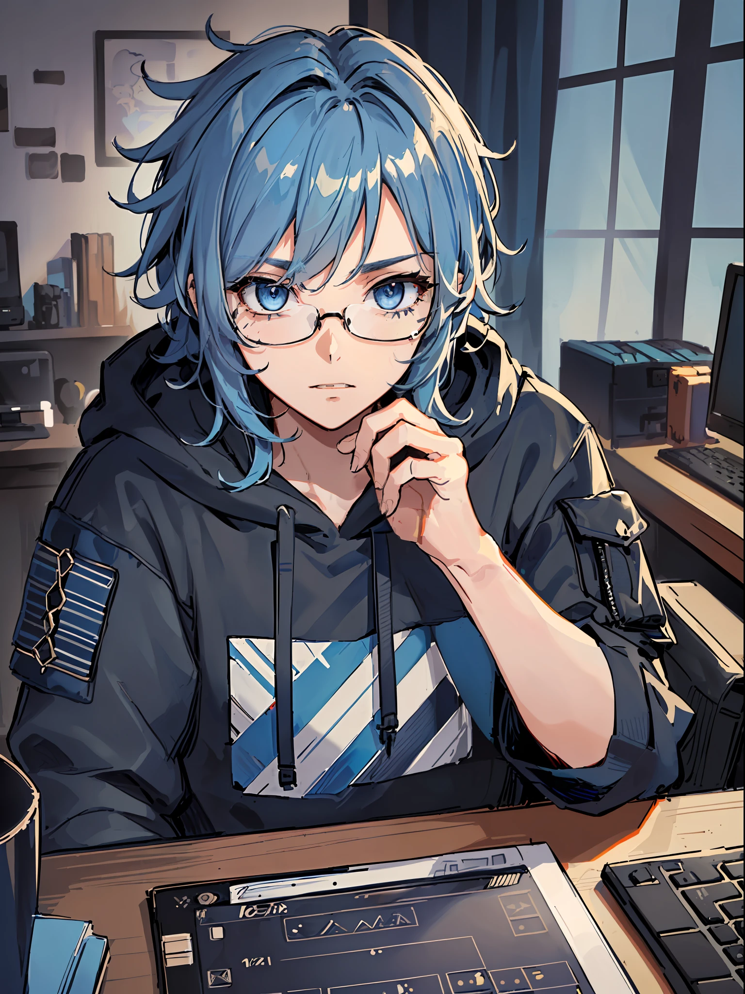 ((highest quality, masterpiece, 4k, finely detailed, detailed eyes, detailed face, intricate details, gelbooru, pixiv)), ((solo)), 1boy, male, masculine, skinny, lanky, ((shaggy messy hair, longer bangs falling into face, blue hair color with dark blue strands)), ((steel blue eye color, half-lidded tired eye shape, bags under eyes)), looking at viewer, neutral expression, hands resting on lap, (((modern hoodie with dark blue and black colors, baggy black cargo pants))), hacker room background, ((wearing thick glasses with square frame-shape)), square jaw line, sitting on computer chair