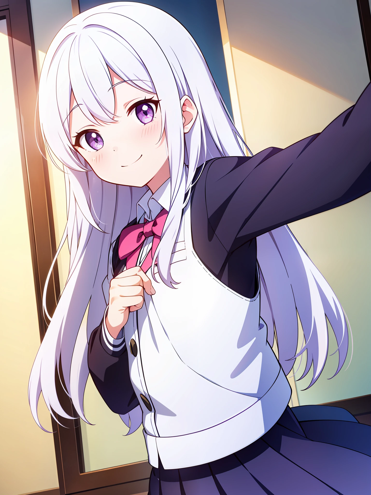 1 girl, upper body, smile, blush, indoors, long hair, school uniform, white hair, purple eyes