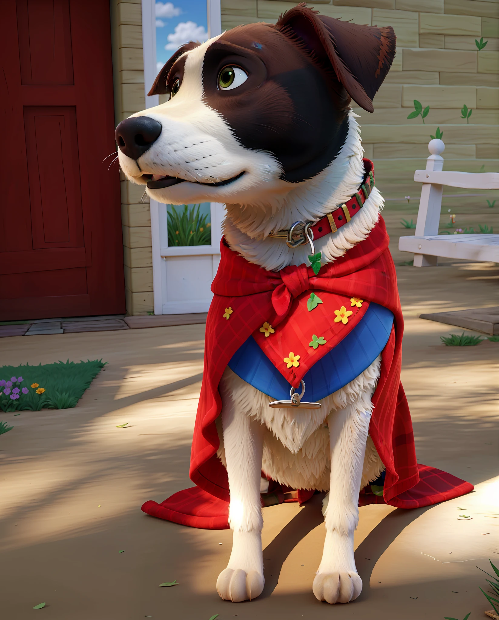 Create through this image, the background of the photo the dog is standing in a park, light brown eyes, with green grass, flowers, blue sky, trees, happy face, admiring the day, realistic, artwork, details, high quality, 8k