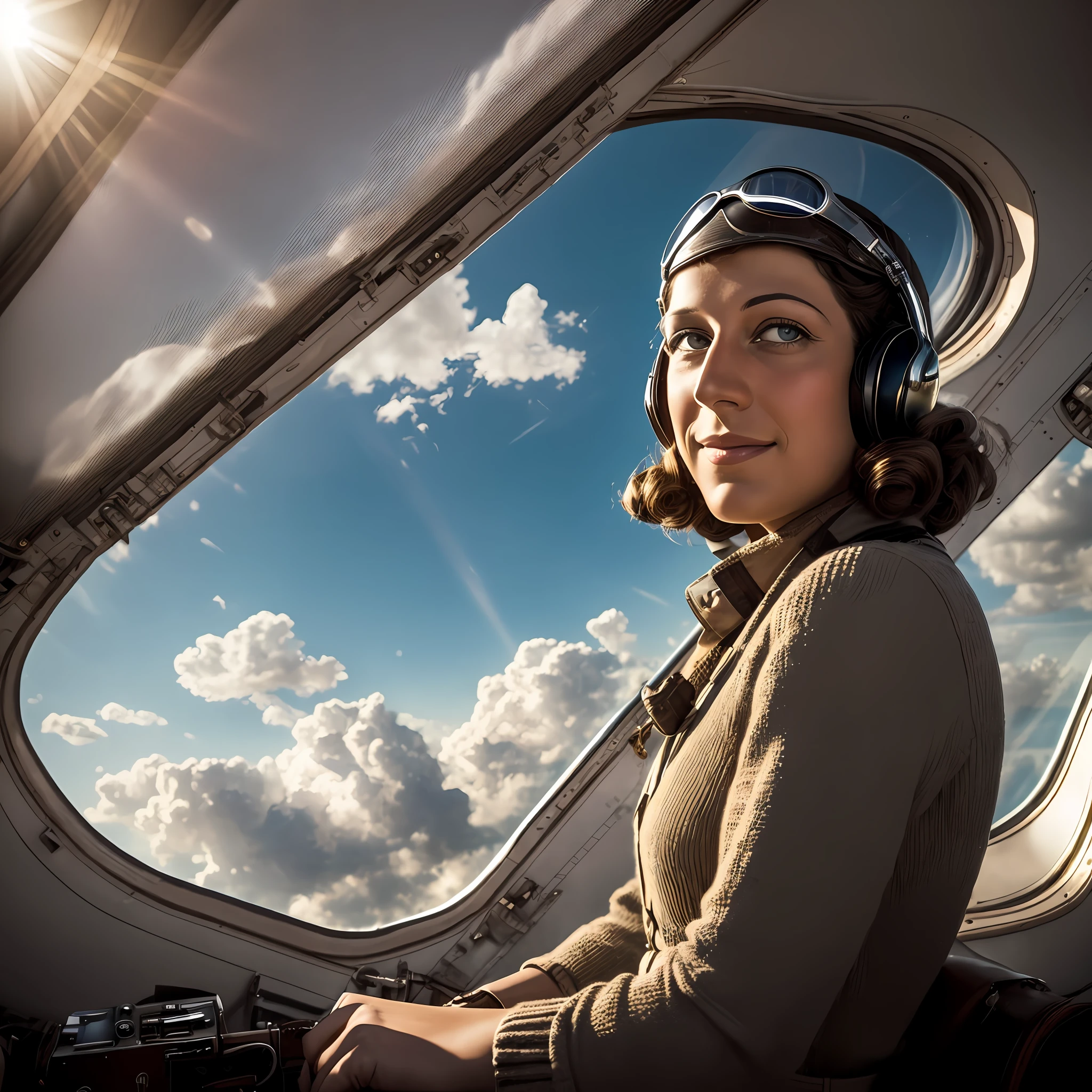 "Amy Johnson, beautiful, perfect, sexy aviator of the '30s, staring directly into the camera with a twinkle in her eye. Natural sunlight gently illuminates the entire room, adding an even more magical touch to this beautiful scene. (woman, plane, clouds," --auto --s2