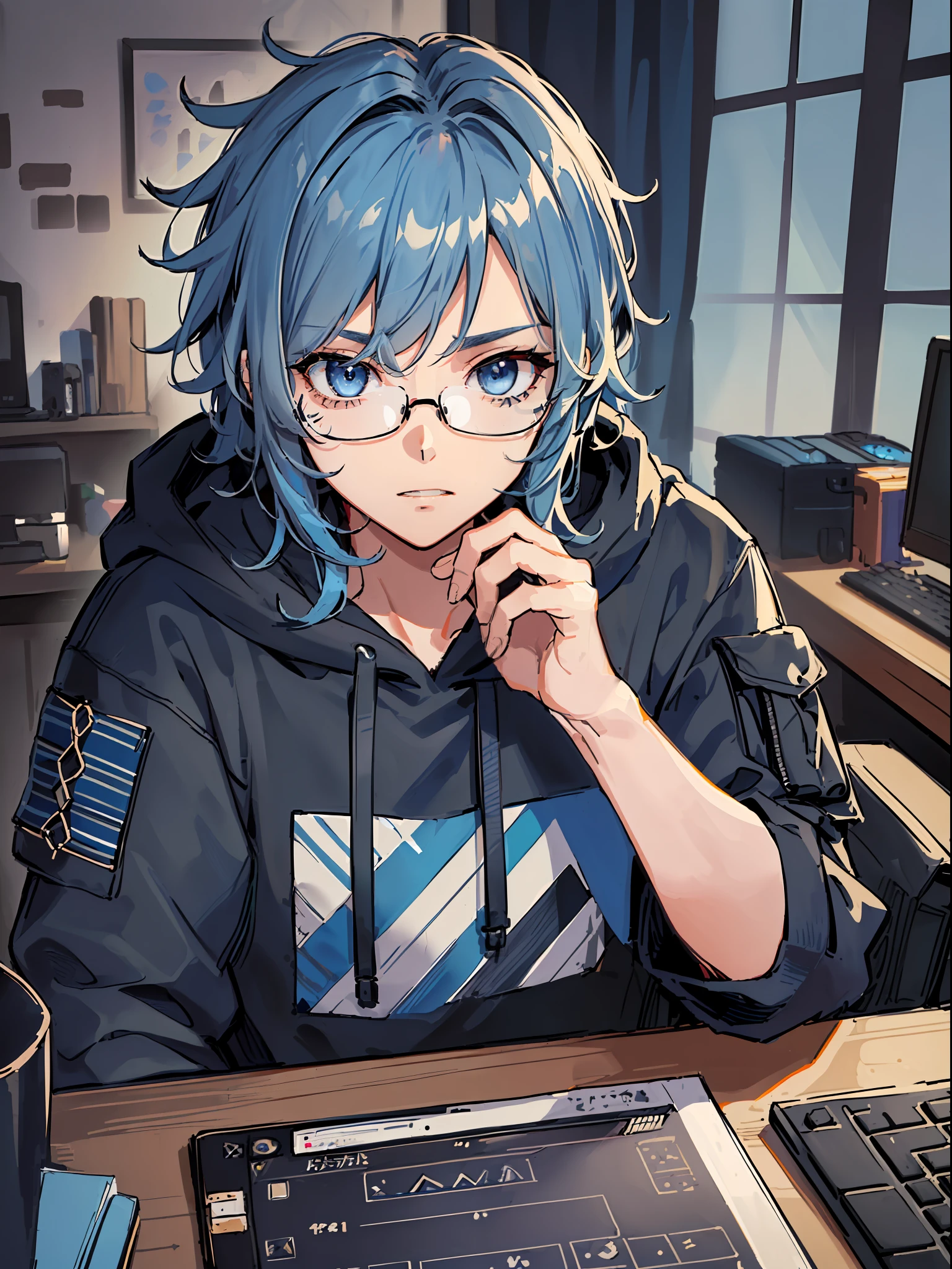 ((highest quality, masterpiece, 4k, finely detailed, detailed eyes, detailed face, intricate details, gelbooru, pixiv)), ((solo)), 1boy, male, masculine, skinny, lanky, ((shaggy messy hair, longer bangs falling into face, blue hair color with dark blue strands)), ((steel blue eye color, half-lidded tired eye shape, bags under eyes)), looking at viewer, neutral expression, hands resting on lap, (((modern hoodie with dark blue and black colors, baggy black cargo pants))), hacker room background, ((wearing thick glasses with square frame-shape)), square jaw line, sitting on computer chair