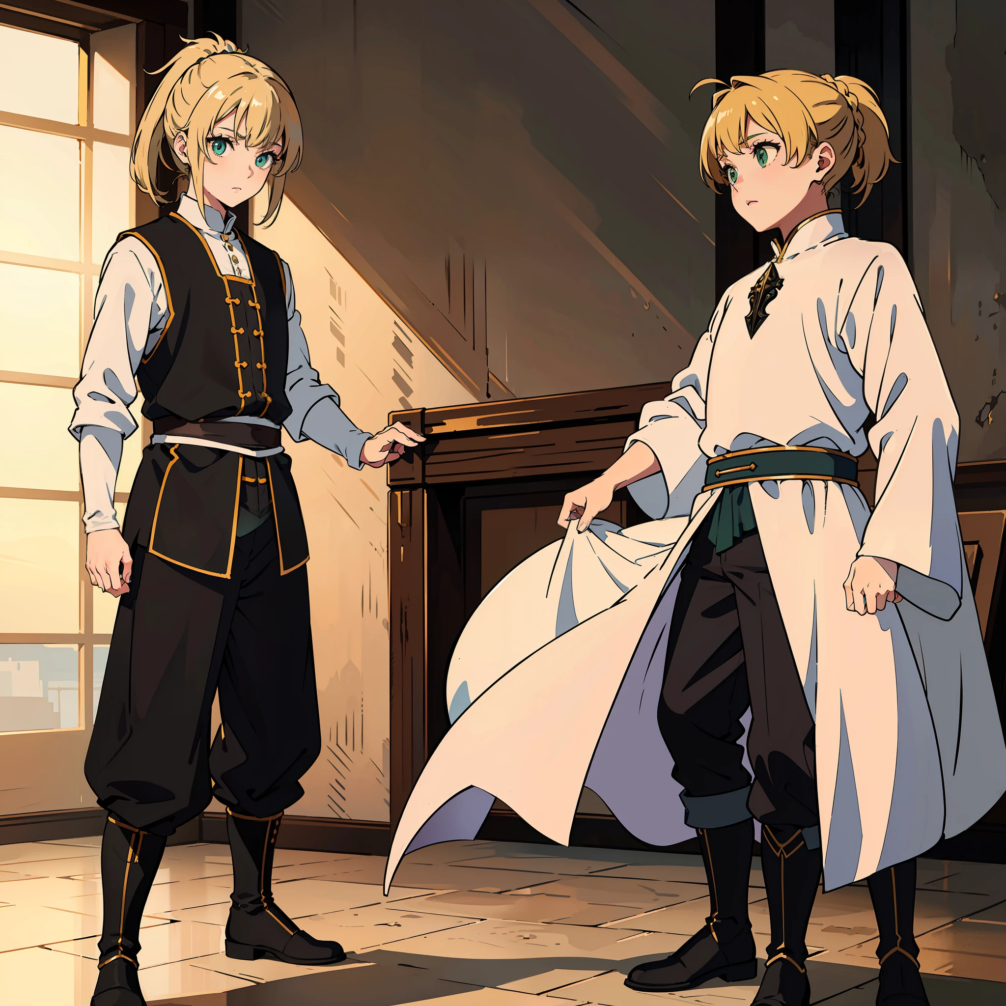 (masterpiece: 1.2, best quality), (beautiful finely detailed eyes: 1.2), (extremely detailed CG unit 8k wallpaper, masterpiece, best quality, ultra-detailed, best shadow), (beautiful detailed face, beautiful detailed eyes), High contrast, (best lighting, an extremely delicate and beautiful), beautiful detailed brightness, whole body, masterpiece, 15-year-old man, medieval fantasy, white skin, medium-length blonde hair, ponytail, bangs, green eyes, medieval clothing, white shirt, black pants, black boot, combat clothing, standing pose, alone, 1boy