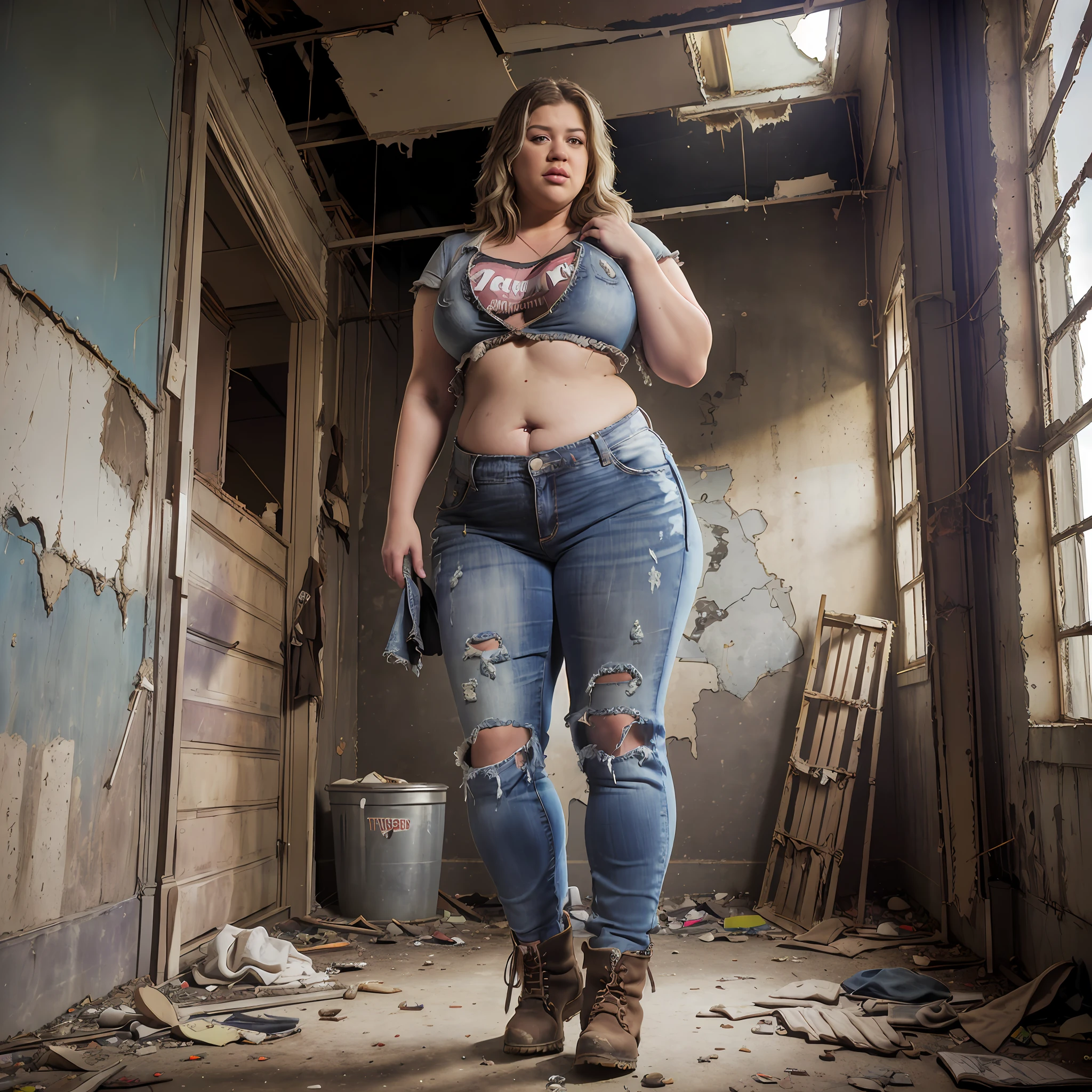 ((Overweight)) ((chubby)), Kelly Clarkson, small breasts, wearing baggy ripped jeans, frayed torn t-shirt, ankle boots, trashed clothes, dirty clothes, standing in an abandoned building (((full body shot))) (((full length))) (((view side on))) (masterpiece) ((cinematic look))