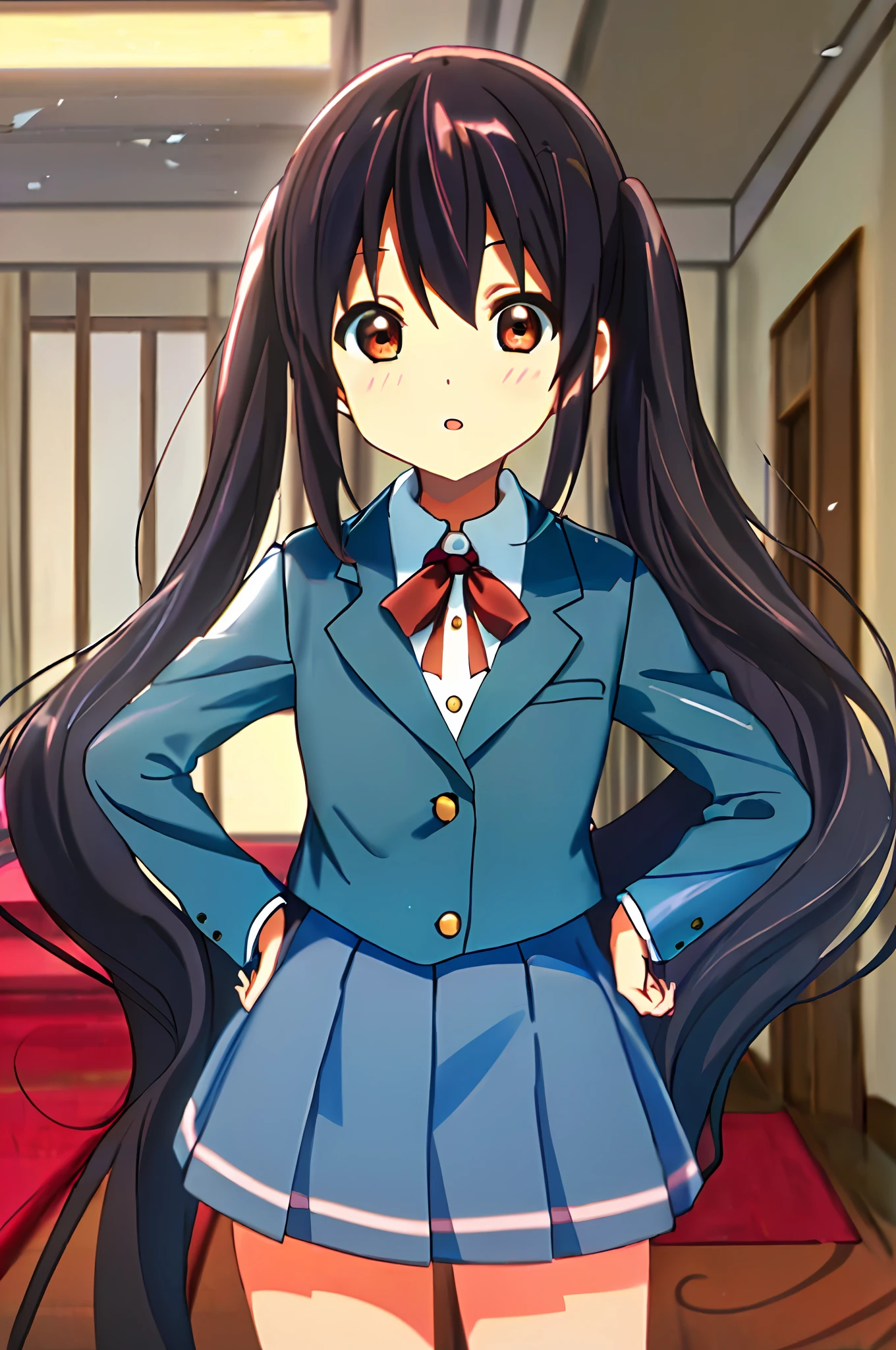 1girl, ((((Masterpiece))), Best Quality, Best Quality, High Detail, Azusa Nakano, 1girl, Sakuragaoka High School Uniform, Musical Instrument, School Uniform, Twin Tails, Long Hair, Black Hair, Brown Eyes, Solo, Red, Dark blue blazer with a thin ribbon of red, Solid white button shirt under blazer, Illustration, Cartoon, Soothing tones, Muted colors, Soft cinematic light, Adobe Lightroom, Photo Lab, HDR, complex and highly detailed, (((depth of field))))). (((Masterpiece))). (((highest quality))).) ((super detail))). (((Illustration))). (((Indoor))). (((hands on hips)))). Breasts,(((room))).dynamic focus.small breasts.