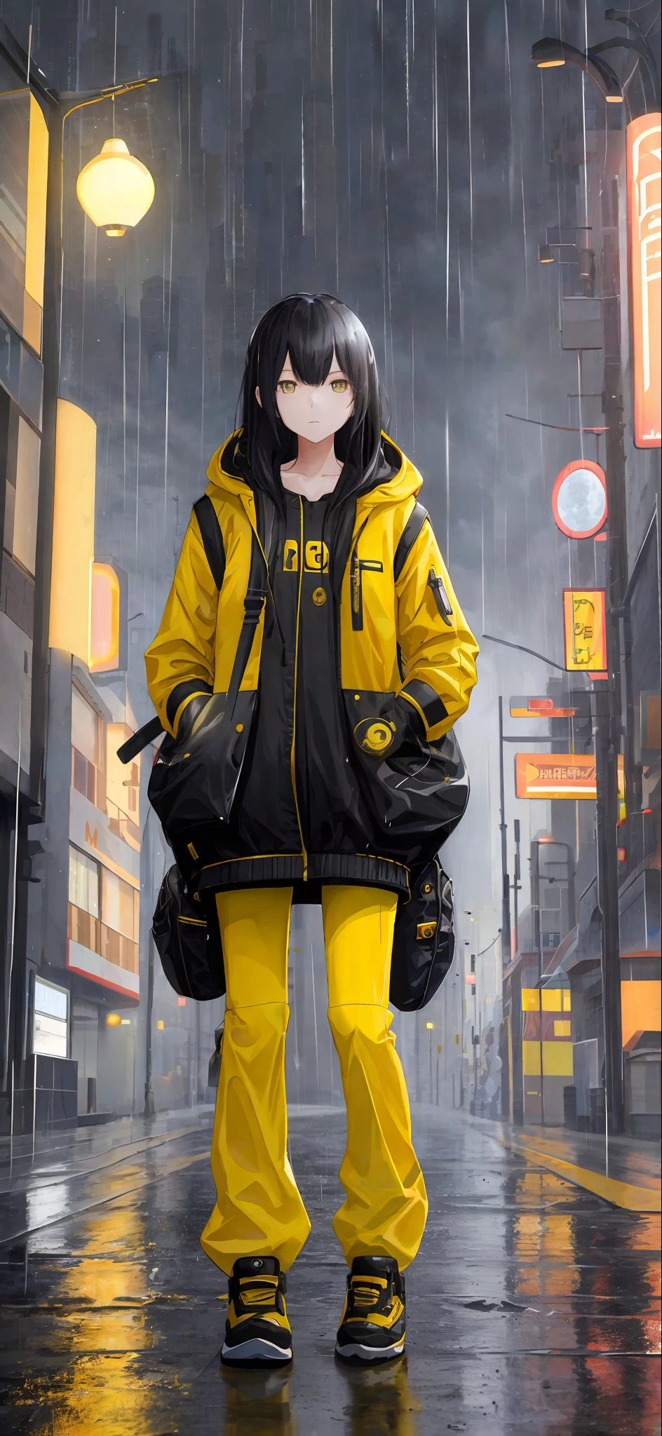1girl, yellow jacket, rain, moon, street, outdoors, hoodie, open jacket, backpack, looking at another person, messy long hair, trend on artstation, 8k resolution, very detailed, anatomically correct, clear image, digital painting, concept art, trend on pixiv, Shinkai Makoto style,
